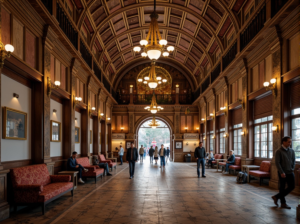 Prompt: Intricately ornamented tram station, grandiose entrance arches, ornate metalwork, lavish chandeliers, richly patterned tile flooring, stately columns, majestic vaulted ceilings, vintage-inspired signage, elegant waiting areas, comfortable seating, warm ambiance lighting, shallow depth of field, 1/1 composition, symmetrical framing, realistic textures, ambient occlusion.