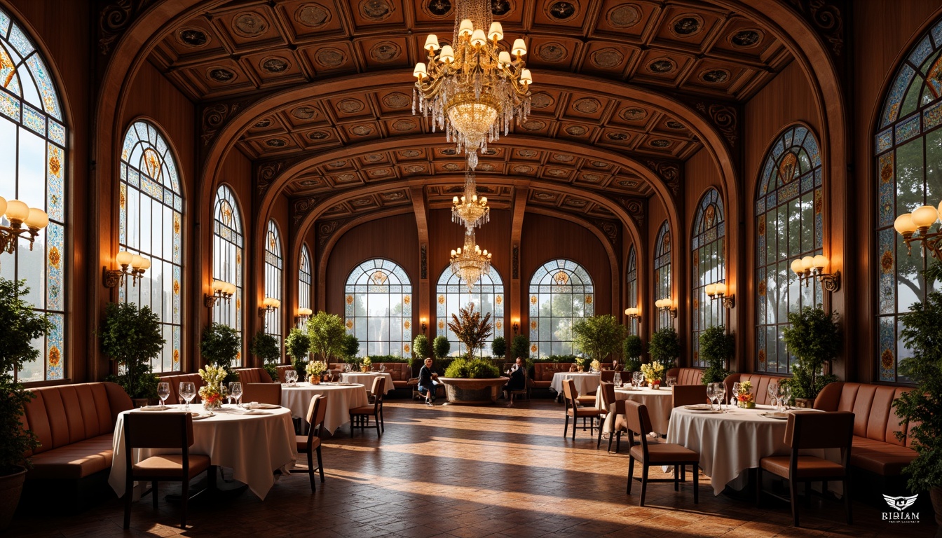 Prompt: Ornate Art Nouveau dining hall, lavish furnishings, curved lines, organic shapes, flowing patterns, stained glass windows, grand chandeliers, rich wood paneling, velvet drapes, intricately carved furniture, sinuous metalwork, soft warm lighting, atmospheric ambiance, shallow depth of field, 2/3 composition, realistic textures, ambient occlusion.