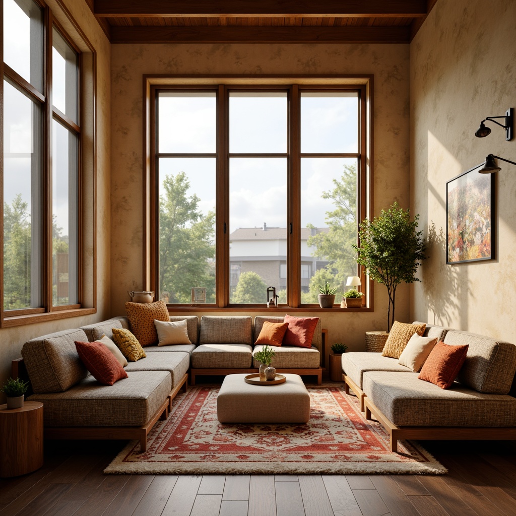 Prompt: Cozy social housing, warm interior textiles, soft cushioned sofas, vibrant colorful throw pillows, patterned rugs, natural fiber upholstery, earthy tone walls, wooden furniture accents, large windows, abundant natural light, calm atmosphere, serene ambiance, shallow depth of field, 1/1 composition, realistic textures, ambient occlusion.