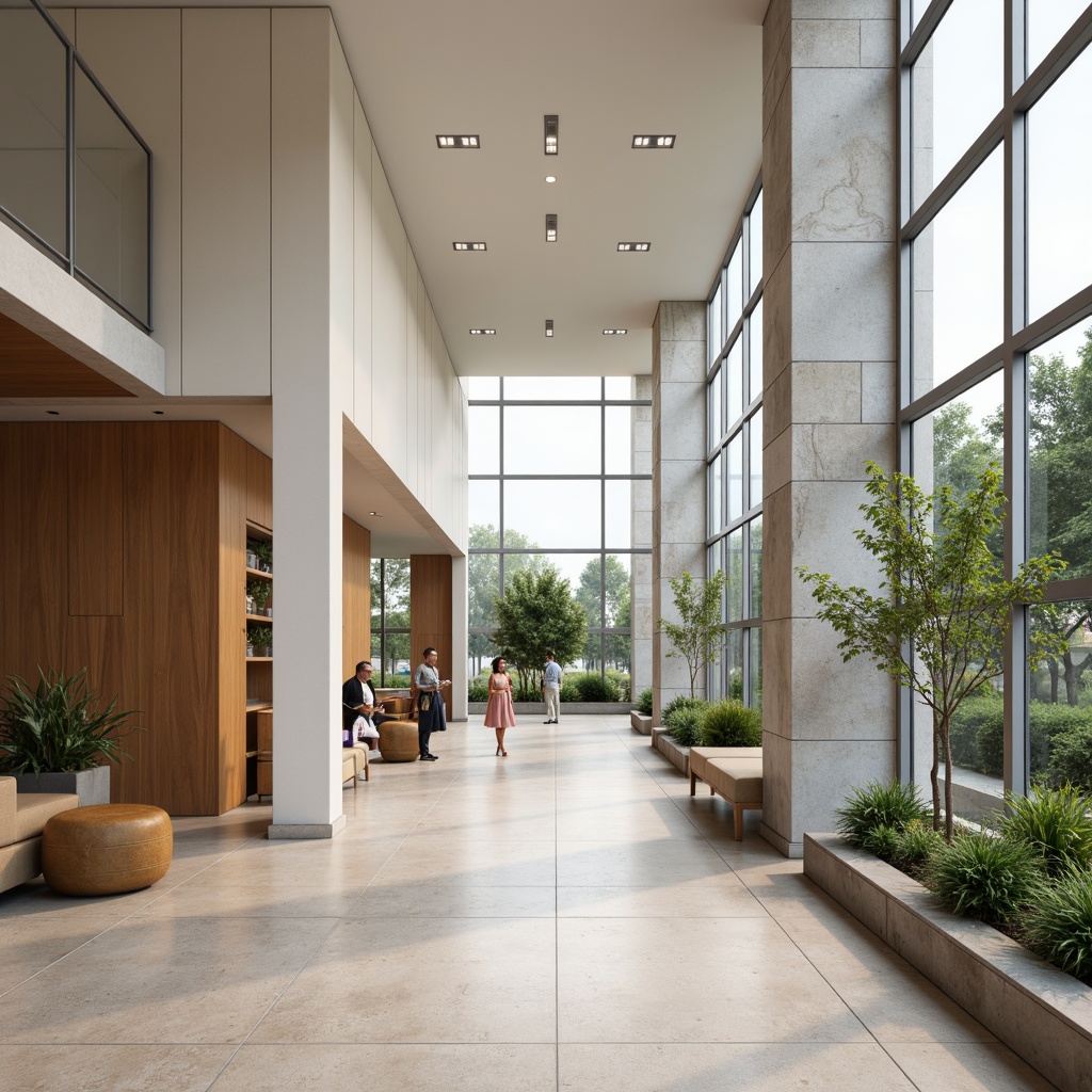 Prompt: Professional office building, sleek modern architecture, neutral color scheme, creamy whites, warm beiges, rich wood tones, subtle gray accents, calming blues, vibrant greenery, natural stone walls, polished metal fixtures, minimalist decor, ample natural light, soft overhead lighting, 3/4 composition, shallow depth of field, realistic textures.