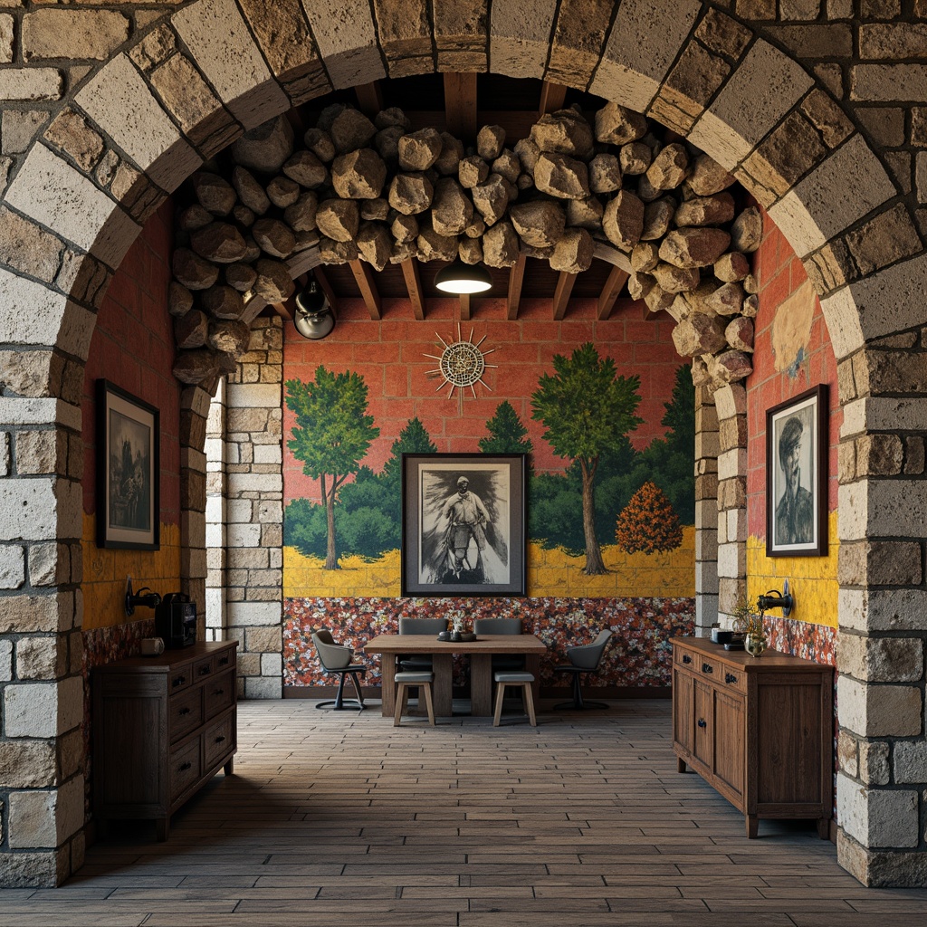 Prompt: Rugged stone walls, weathered wooden planks, distressed metal sheets, ornate tile mosaics, vibrant graffiti murals, rough-hewn brick facades, organic rock formations, intricate stonework patterns, warm ambient lighting, shallow depth of field, 1/1 composition, realistic textures, ambient occlusion.