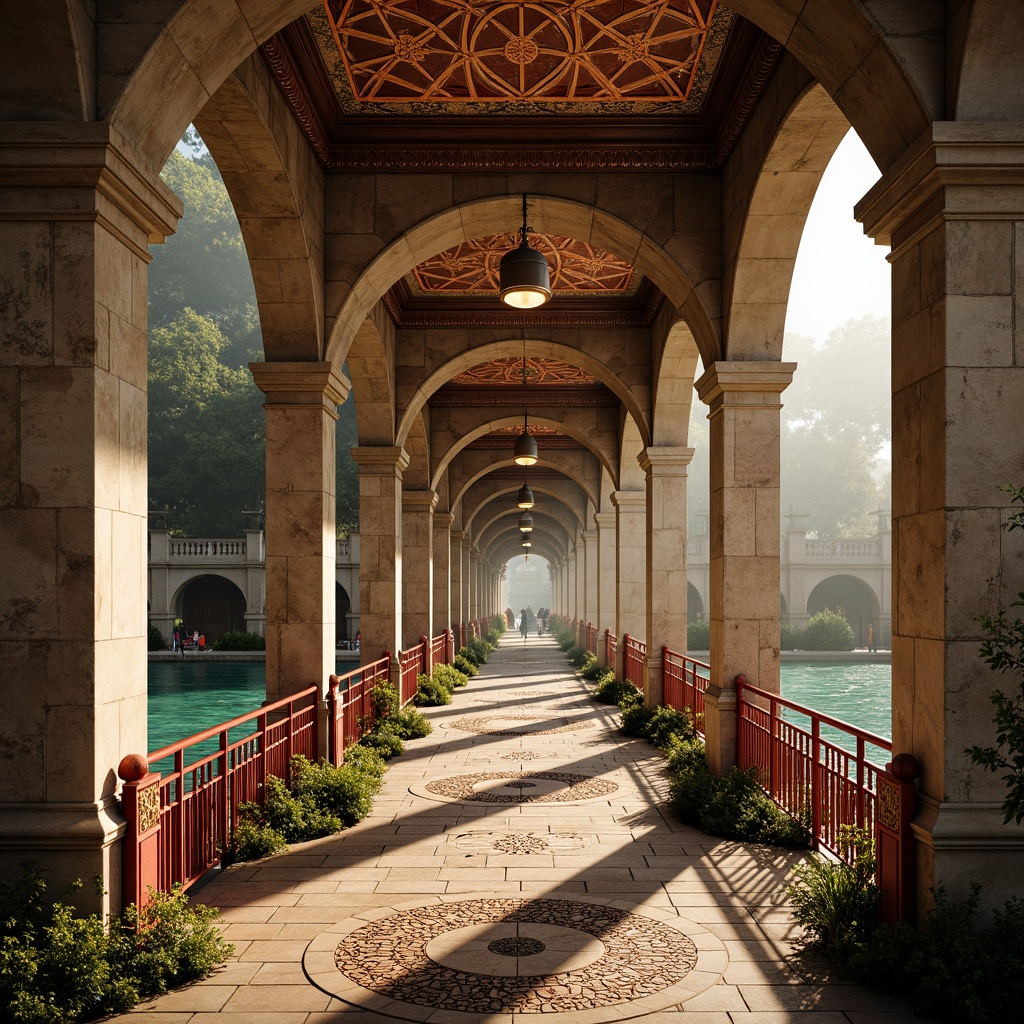 Prompt: Majestic bridge, ornate arches, rustic stone walls, weathered copper accents, warm golden lighting, rich turquoise water, misty atmospheric effects, intricate mosaic patterns, regal crimson railings, ornamental ironwork, majestic piers, soft warm sunlight, shallow depth of field, 3/4 composition, panoramic view, realistic textures, ambient occlusion.