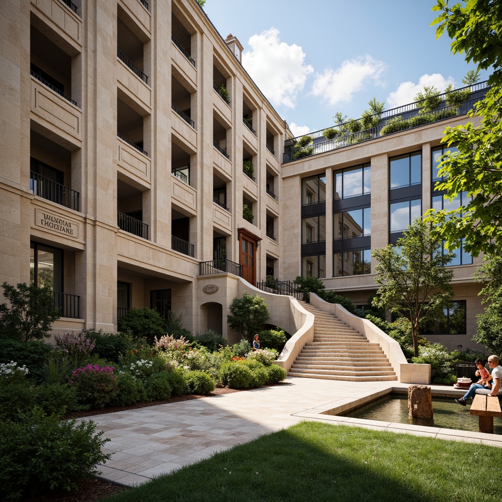 Prompt: Historic courthouse building, neoclassical architecture, grand entrance staircase, symmetrical fa\u00e7ade, ornate stone carvings, lush greenery integration, vibrant flower beds, natural stone walkways, tranquil water features, cascading fountains, shaded outdoor spaces, wooden benches, modern glass atriums, clerestory windows, soft warm lighting, shallow depth of field, 3/4 composition, panoramic view, realistic textures, ambient occlusion.