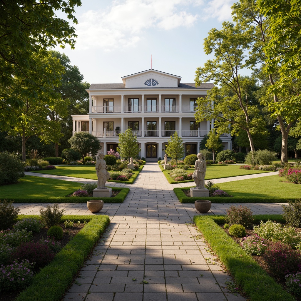 Prompt: Elegant neoclassical mansion, lush green lawns, vibrant flowerbeds, ornate fountains, meandering pathways, classical statues, manicured hedges, symmetrical topiaries, rustic stone walkways, grand entrance gates, ivory columns, ornate balustrades, soft warm lighting, shallow depth of field, 3/4 composition, panoramic view, realistic textures, ambient occlusion.