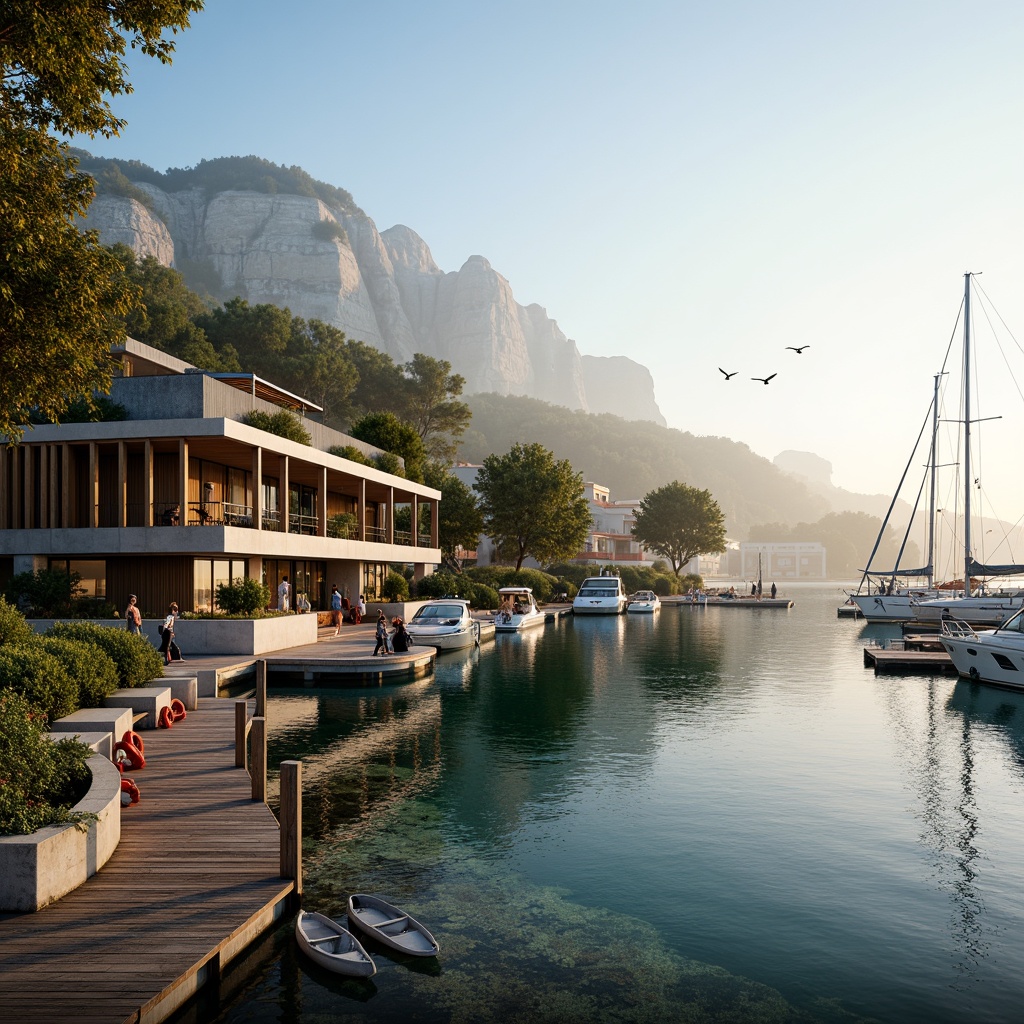 Prompt: Luxurious boathouse, modern minimalist architecture, wooden dock, crystal clear water, sailboats, yachts, sea kayaks, paddleboards, nautical ropes, life rings, harbor lights, misty morning, warm golden lighting, shallow depth of field, 1/1 composition, panoramic view, realistic textures, ambient occlusion, waterfront promenade, lush greenery, rustic wooden benches, seagulls flying overhead.