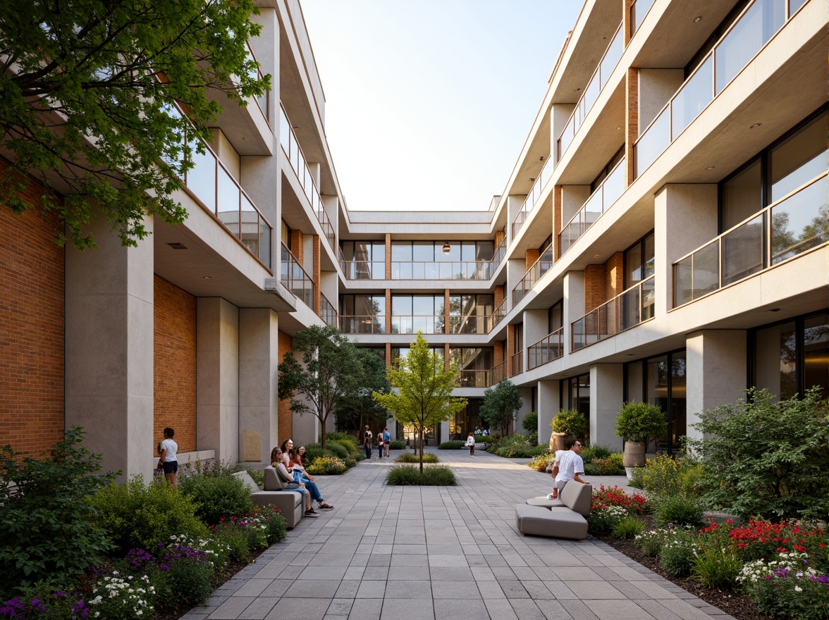 Prompt: Vibrant university campus, international style architecture, modernist buildings, exposed concrete walls, sleek metal railings, glass balustrades, warm wooden accents, minimalist decor, abstract sculptures, lush greenery, vibrant flowers, blooming trees, natural stone walkways, brick pavement, soft warm lighting, shallow depth of field, 3/4 composition, panoramic view, realistic textures, ambient occlusion, smooth concrete surfaces, subtle texture variations, earthy tone color palette.