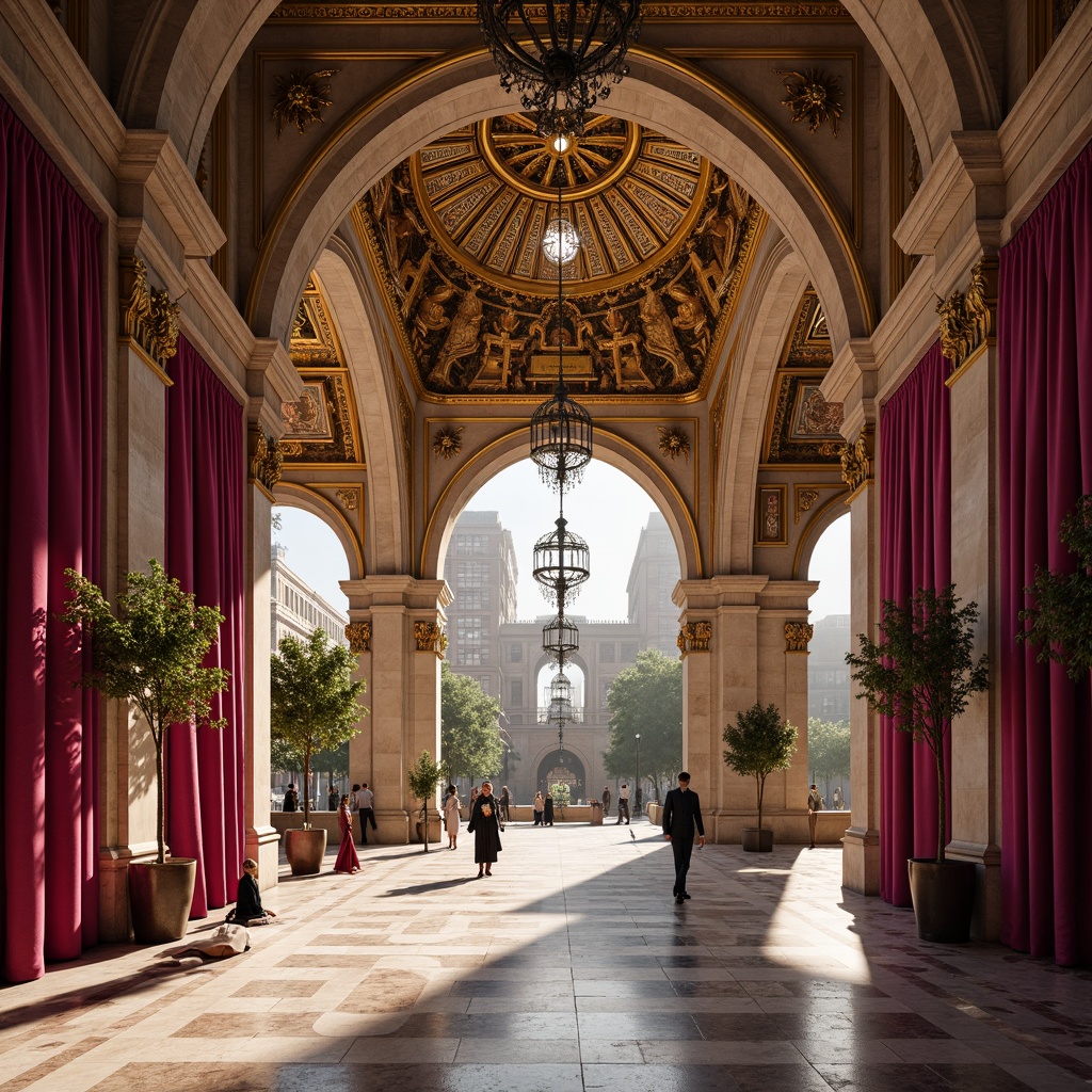 Prompt: Intricate stone carvings, ornate golden domes, majestic archways, vibrant fuchsia accents, rich velvet drapes, lavish marble floors, opulent chandeliers, mystical mosaics, grandiose frescoes, dramatic lighting, warm afternoon sunbeams, soft focus blur, 1/1 composition, detailed textures, atmospheric perspective.