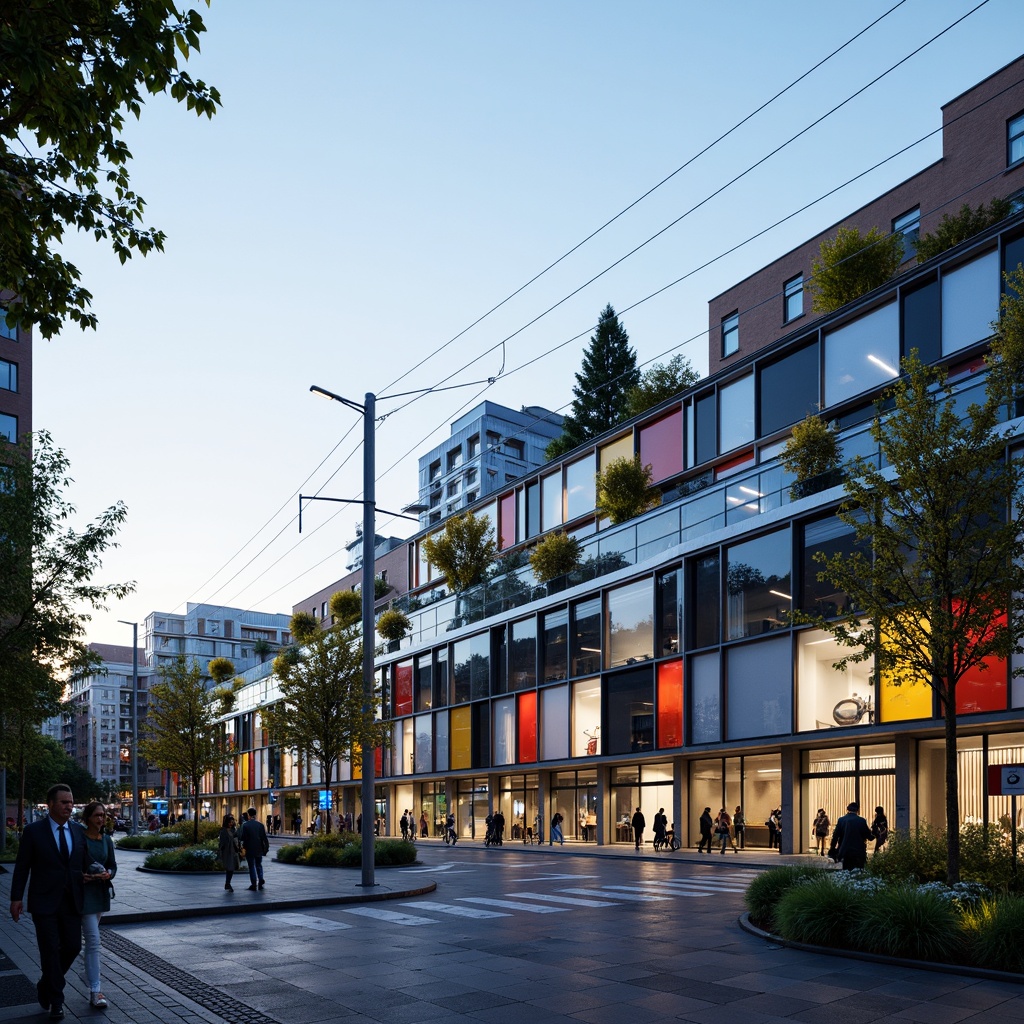 Prompt: Futuristic tram station, curved glass facade, dynamic LED lighting, sleek metal frames, minimalist design, sustainable energy harvesting, solar panels, wind turbines, green roofs, eco-friendly materials, modern angular lines, geometric patterns, vibrant colorful accents, urban cityscape, busy streets, morning rush hour, soft natural light, shallow depth of field, 3/4 composition, panoramic view, realistic textures, ambient occlusion.