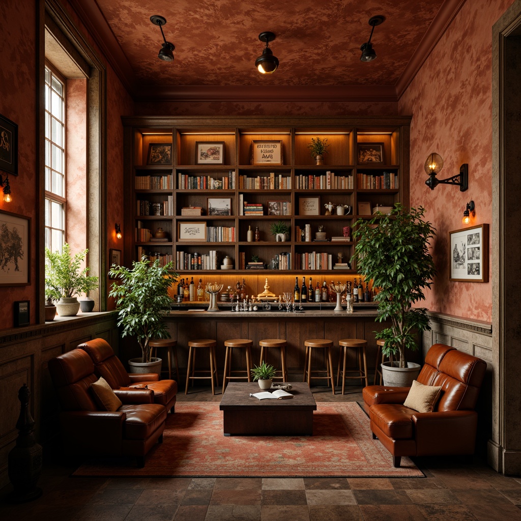 Prompt: Richly textured walls, earthy terracotta tones, muted sienna hues, warm beige accents, vintage wooden furniture, ornate metal fixtures, dimly lit atmosphere, soft warm lighting, shallow depth of field, 3/4 composition, realistic textures, ambient occlusion, classic educational signs, old bookshelves, distressed leather armchairs, nostalgic artifacts, subtle color gradients, harmonious contrast, sophisticated Bar Academic aesthetic.