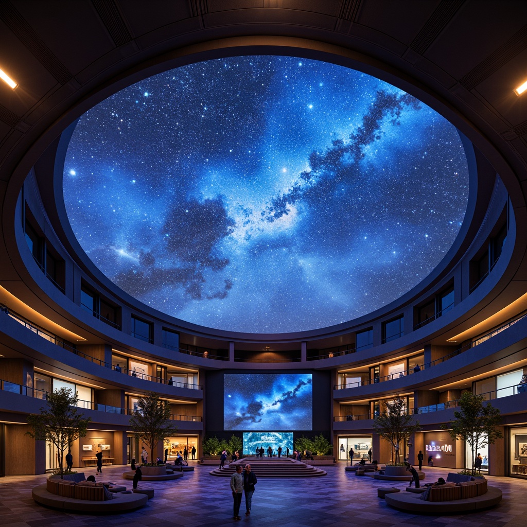 Prompt: Celestial planetarium interior, starry night sky projection, futuristic architecture design, dome-shaped ceiling, immersive viewing experience, advanced LED lighting systems, color-changing ambient illumination, 3D projection mapping, surround sound systems, comfortable seating areas, interactive exhibits, astronomy-themed decor, nebula-inspired patterns, soft glowing accents, warm atmospheric lighting, shallow depth of field, 1/2 composition, realistic textures, ambient occlusion.