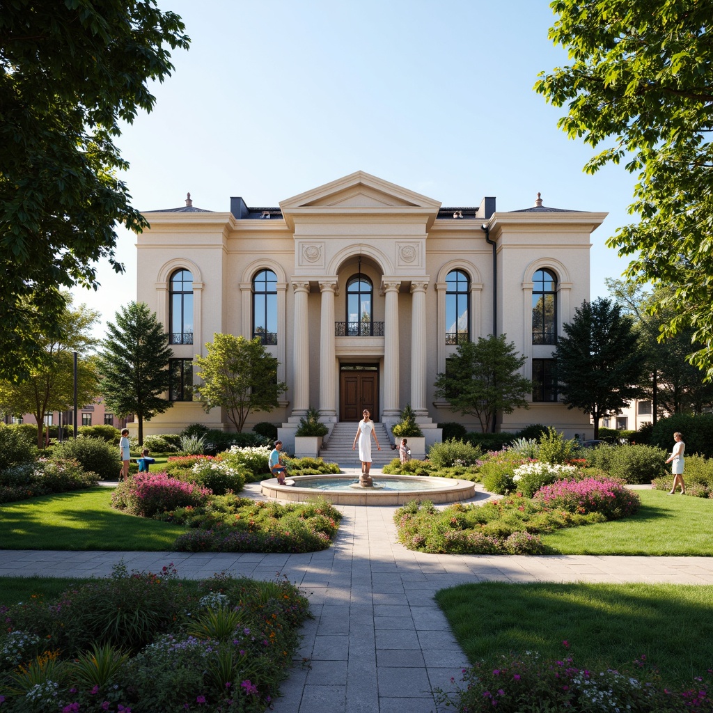 Prompt: Elegant office building, symmetrical facade, ornate details, Corinthian columns, manicured lawns, vibrant flower beds, decorative fountains, walking paths, lush greenery, mature trees, natural stone paving, bronze statues, sophisticated outdoor seating areas, tranquil atmosphere, soft warm lighting, 1/1 composition, realistic textures, ambient occlusion.