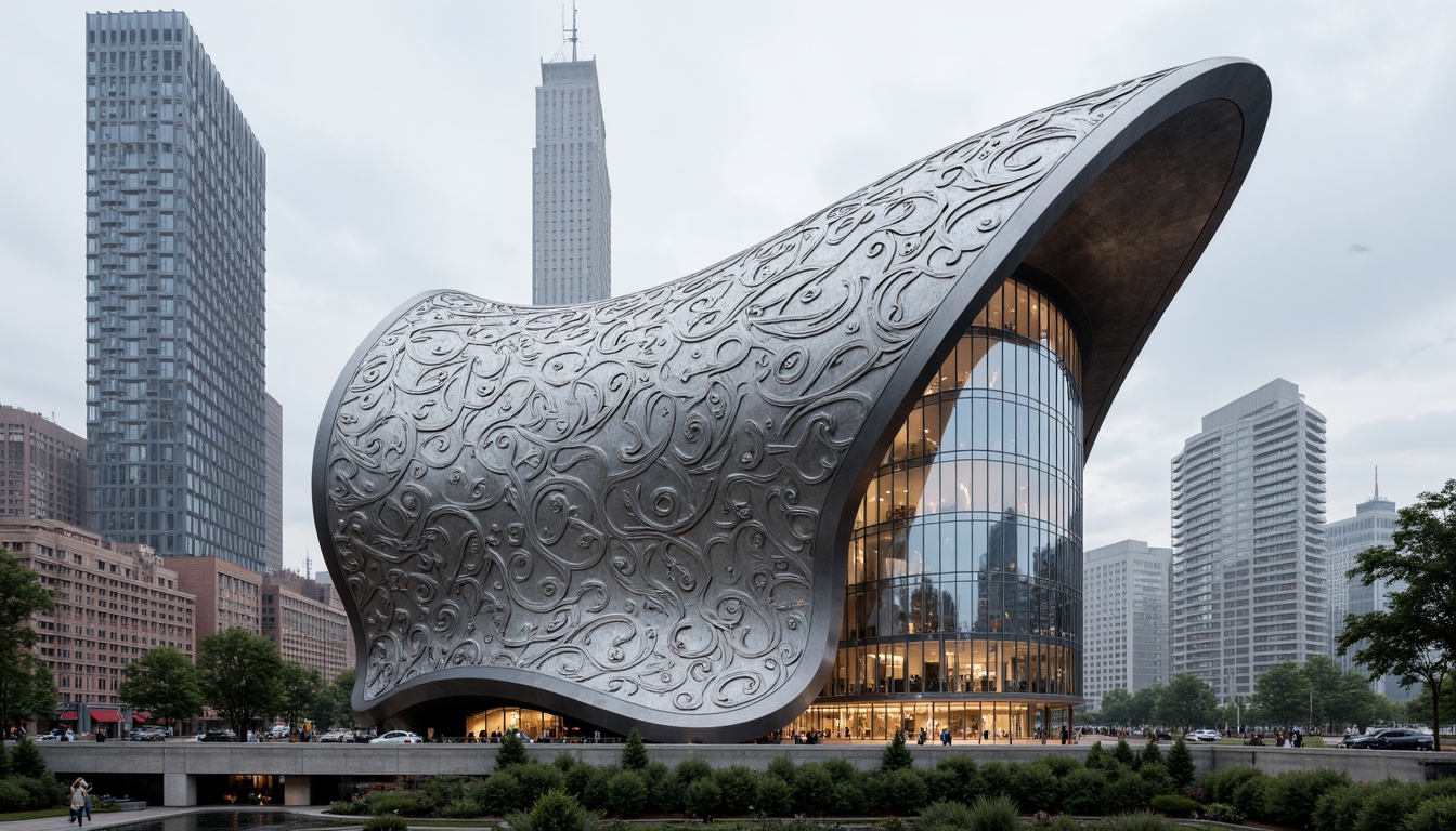 Prompt: Curved aluminium cladding, ornate Art Nouveau patterns, flowing organic shapes, metallic silver finish, intricate botanical motifs, sinuous lines, whiplash curves, modernist reinterpretation, sleek contemporary architecture, urban cityscape, overcast sky, soft diffused lighting, shallow depth of field, 1/1 composition, realistic reflections, ambient occlusion.