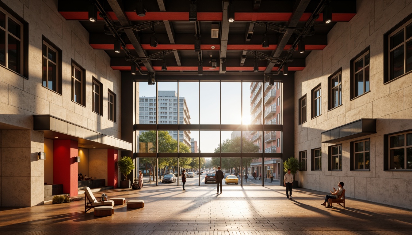 Prompt: Bauhaus-style auditorium, geometric shapes, minimalist decor, functional layout, exposed concrete walls, industrial metal beams, wooden stage floor, adjustable acoustic panels, sound-absorbing materials, diffused natural light, dramatic spotlights, vibrant color accents, rectangular windows, urban cityscape view, busy streetscape, morning sunlight, soft warm lighting, shallow depth of field, 1/2 composition, realistic textures, ambient occlusion.