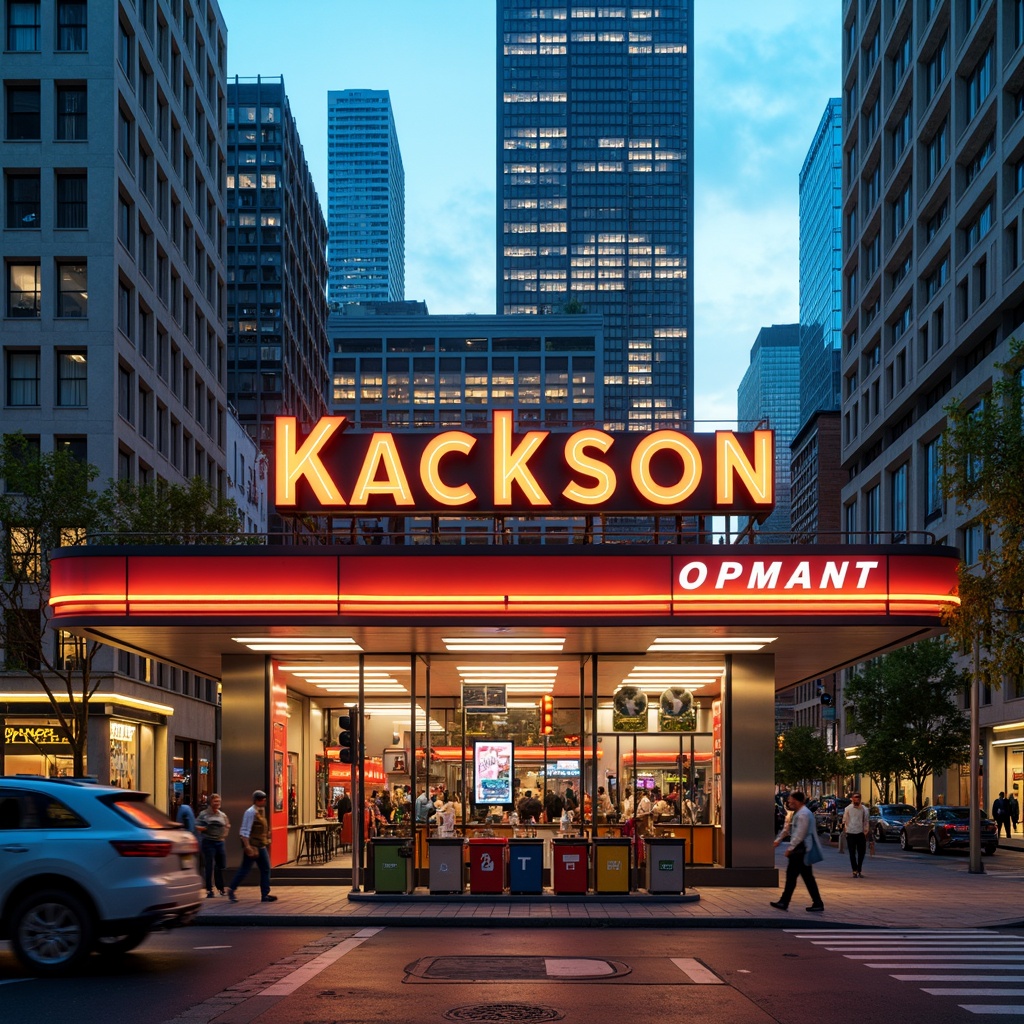 Prompt: Vibrant gas station, neon signage, bold typography, modernist architecture, sleek metallic accents, retro-futuristic vibes, bold primary colors, bright yellows, deep blues, fiery oranges, glossy finishes, industrial materials, urban cityscape, busy streets, morning sunlight, high-contrast lighting, shallow depth of field, 2/3 composition, cinematic framing, stylized textures, ambient occlusion.