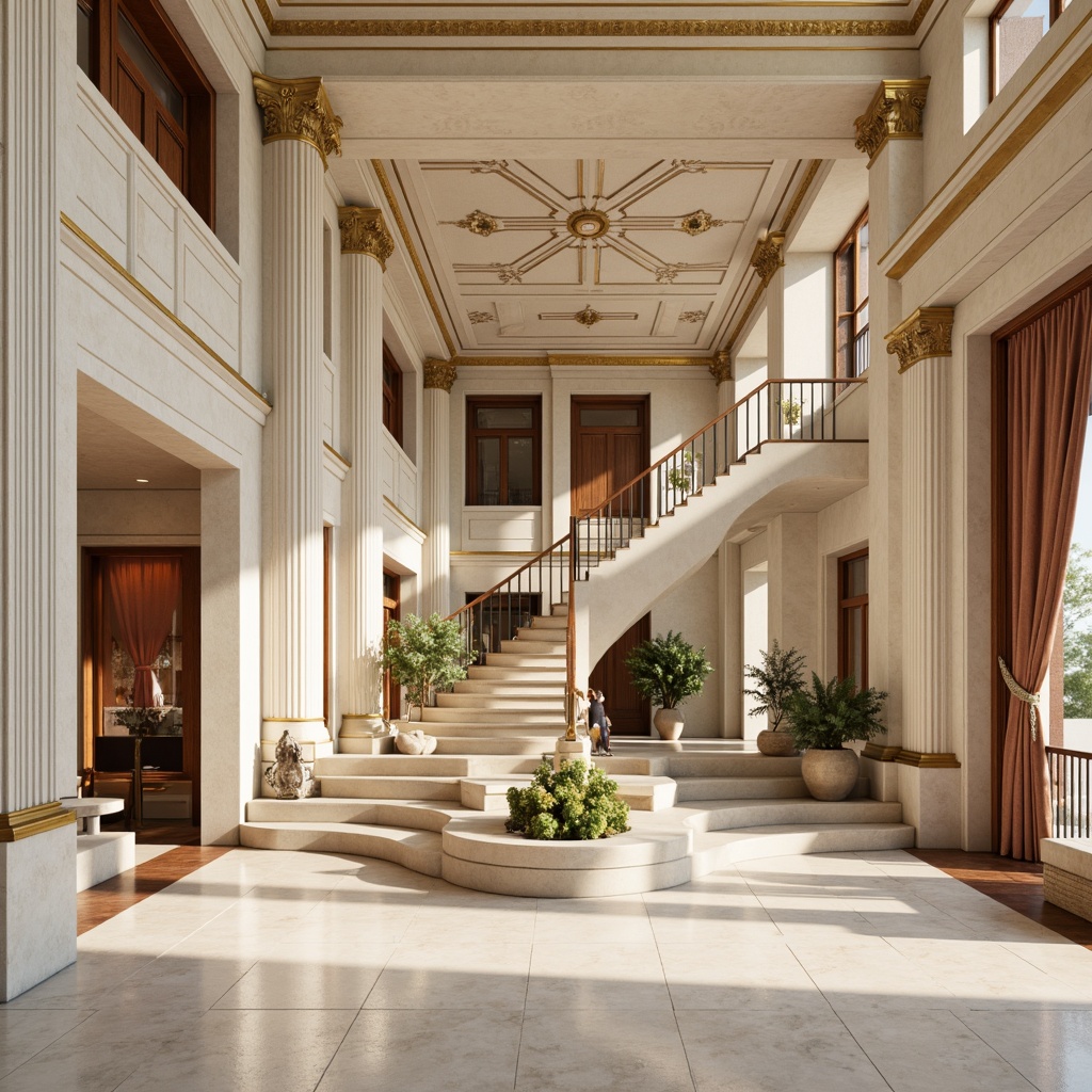 Prompt: Majestic neoclassical architecture, ornate details, subtle gold accents, creamy white marble, rich walnut wood, soft beige stucco, elegant columns, grand entranceways, sweeping staircases, luxurious velvet fabrics, intricate moldings, refined bronze hardware, warm golden lighting, shallow depth of field, 1/1 composition, symmetrical balance, realistic textures, ambient occlusion.