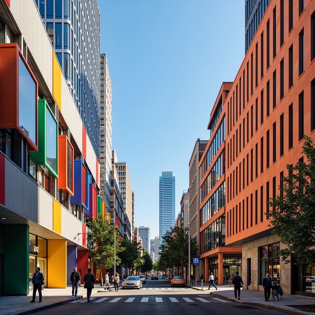 Prompt: Vibrant urban landscape, modern architectural design, bold color scheme, contrasting hues, harmonious palette, sleek metallic accents, glass facades, contemporary art installations, bustling city life, warm sunny day, soft natural light, shallow depth of field, 3/4 composition, realistic textures, ambient occlusion.