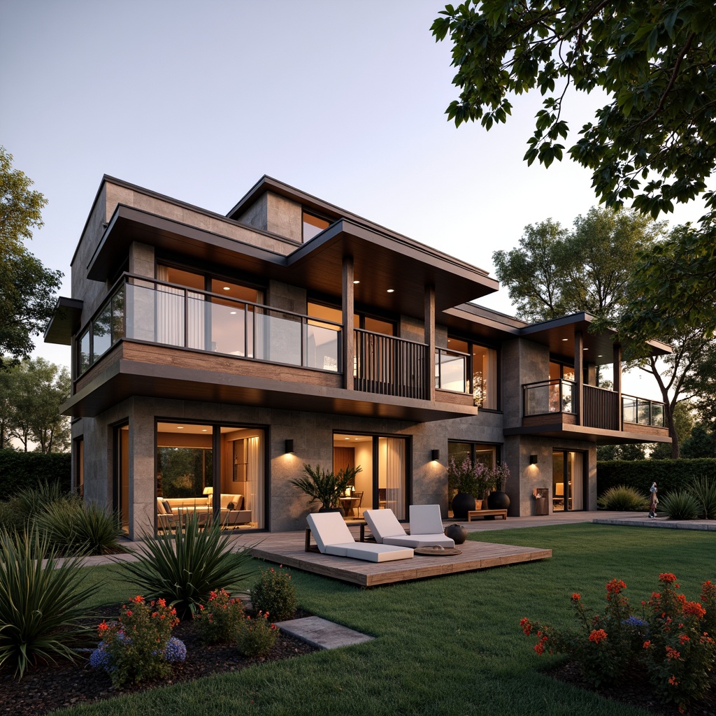 Prompt: Rustic modern villa, earthy tone exterior walls, natural stone cladding, wooden accents, metal rooflines, sleek glass railings, lush greenery surroundings, blooming flowers, ambient outdoor lighting, warm sunset glow, shallow depth of field, 3/4 composition, panoramic view, realistic textures, ambient occlusion.