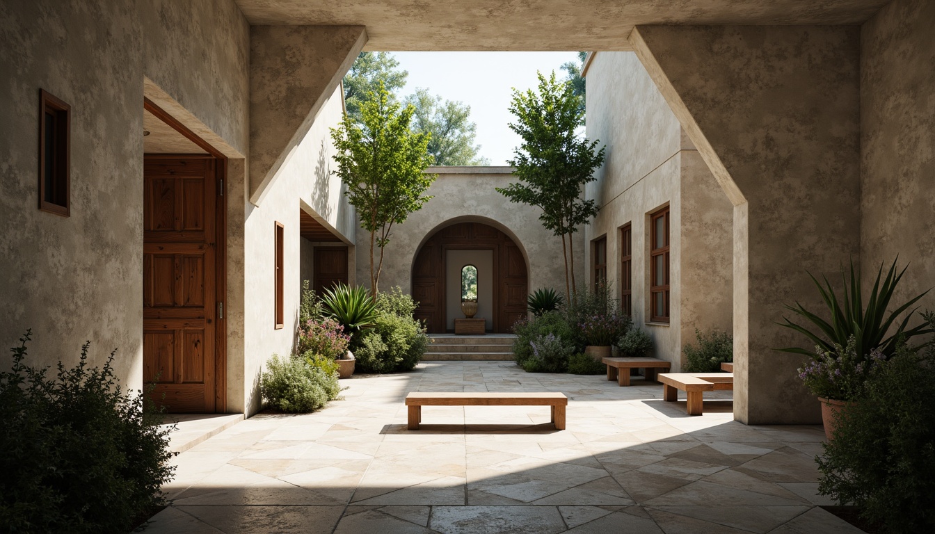 Prompt: Austere monastery courtyard, brutalist concrete walls, minimalist archways, simple wooden benches, serene natural lighting, lush greenery, geometric flower patterns, rustic stone flooring, monastic cells, sparse decor, sacred artifacts, tranquil atmosphere, soft warm glow, shallow depth of field, 3/4 composition, symmetrical framing, bold graphic lines, industrial materials, functional simplicity.