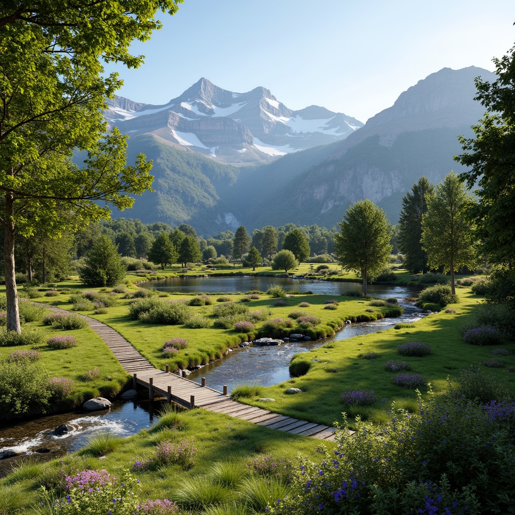 Prompt: Harmonious landscape integration, rolling hills, lush greenery, meandering streams, rustic wooden bridges, natural stone pathways, vibrant wildflowers, majestic trees, serene lakeside, mountainous backdrop, warm sunny day, soft diffused lighting, shallow depth of field, 3/4 composition, panoramic view, realistic textures, ambient occlusion.