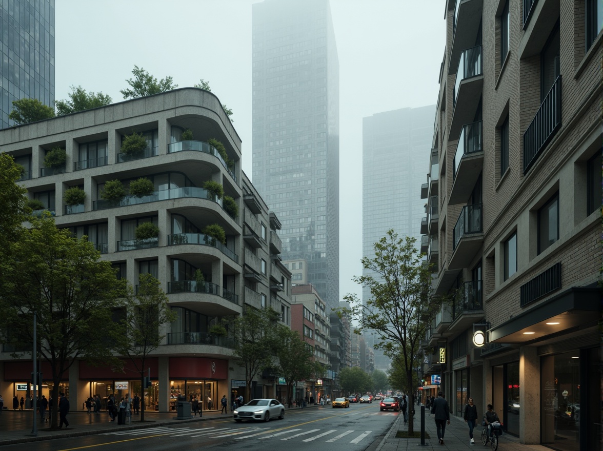 Prompt: Concrete brutalist architecture, urban cityscape, busy streets, modern skyscrapers, green roofs, vertical gardens, industrial materials, exposed ductwork, fortress-like structures, monumental scale, geometric shapes, raw textures, dramatic lighting, atmospheric fog, shallow depth of field, 2/3 composition, low-angle shot, cinematic mood, gritty realistic tones.