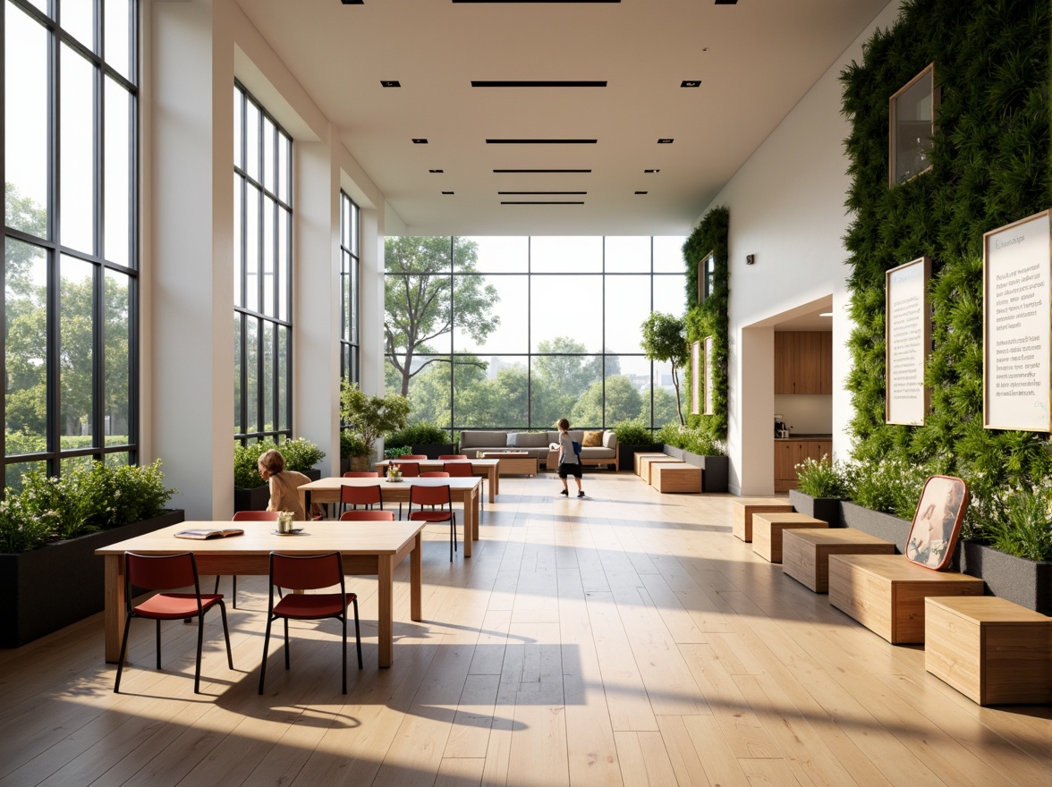 Prompt: Minimalist modern school interior, open-plan classrooms, sleek wooden flooring, ergonomic chairs, collaborative worktables, interactive whiteboards, abundant natural light, floor-to-ceiling windows, minimalist decor, calm color scheme, soft warm lighting, shallow depth of field, 3/4 composition, panoramic view, realistic textures, ambient occlusion, spacious corridors, lockers with built-in benches, acoustic panels, modular furniture, flexible seating arrangements, quiet reading nooks, comfortable breakout spaces, abundant greenery, living walls, air-purifying plants.