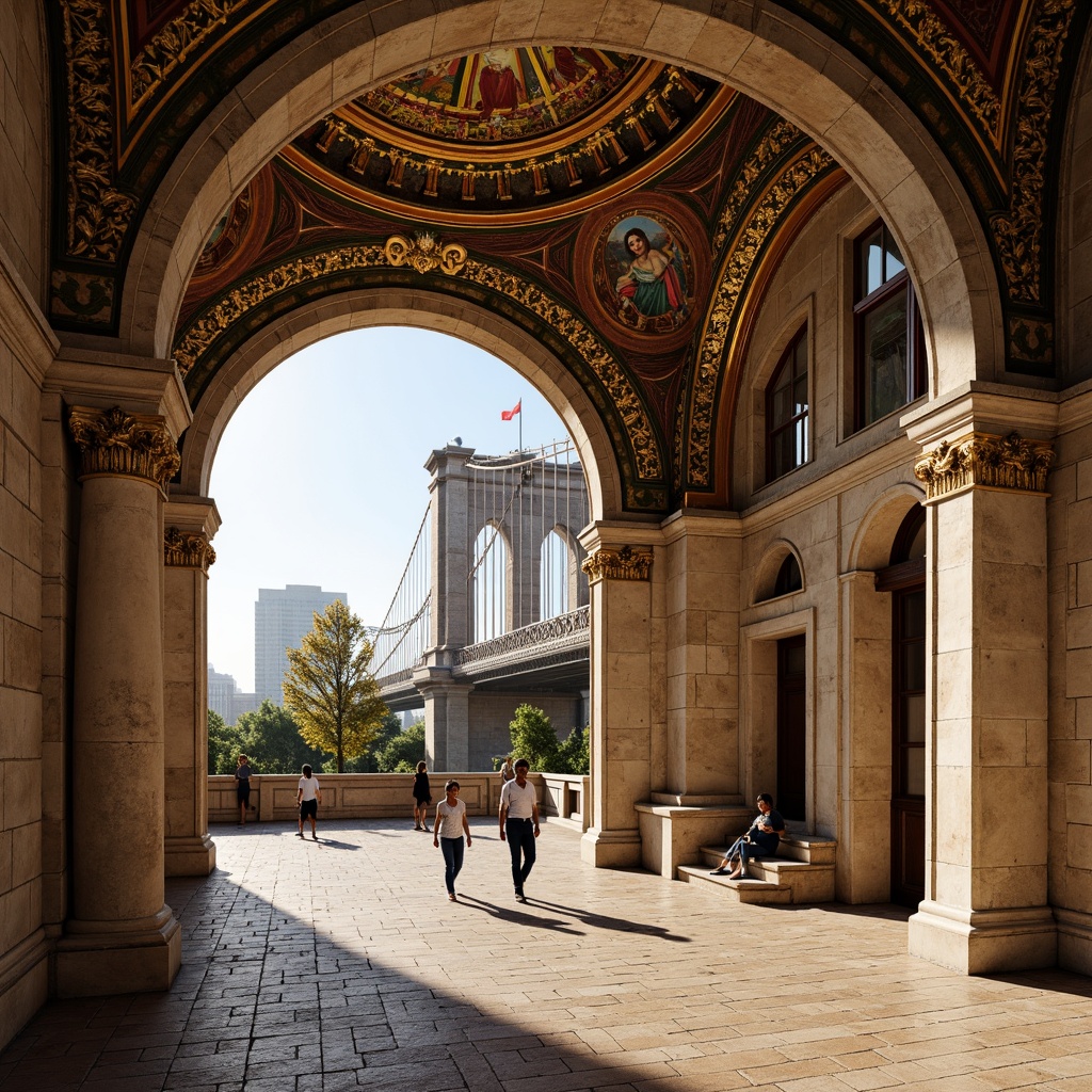 Prompt: Intricate stone carvings, ornate arches, grandiose pillars, opulent frescoes, vibrant mosaics, golden accents, majestic bridge towers, sweeping curves, dramatic lighting, warm afternoon sun, soft shadows, 1/2 composition, atmospheric perspective, rich textures, subtle ambient occlusion.