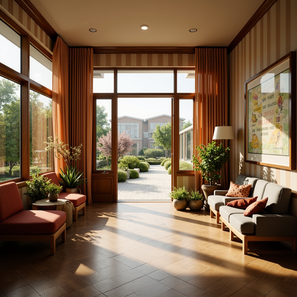 Prompt: Warm suburban school, inviting entrance, soft natural light, elegant window treatments, flowing curtains, subtle patterns, earthy tones, wooden accents, minimalist decor, cozy reading nooks, educational displays, motivational quotes, greenery views, serene outdoor spaces, shallow depth of field, 1/2 composition, warm afternoon lighting, realistic textures, ambient occlusion.