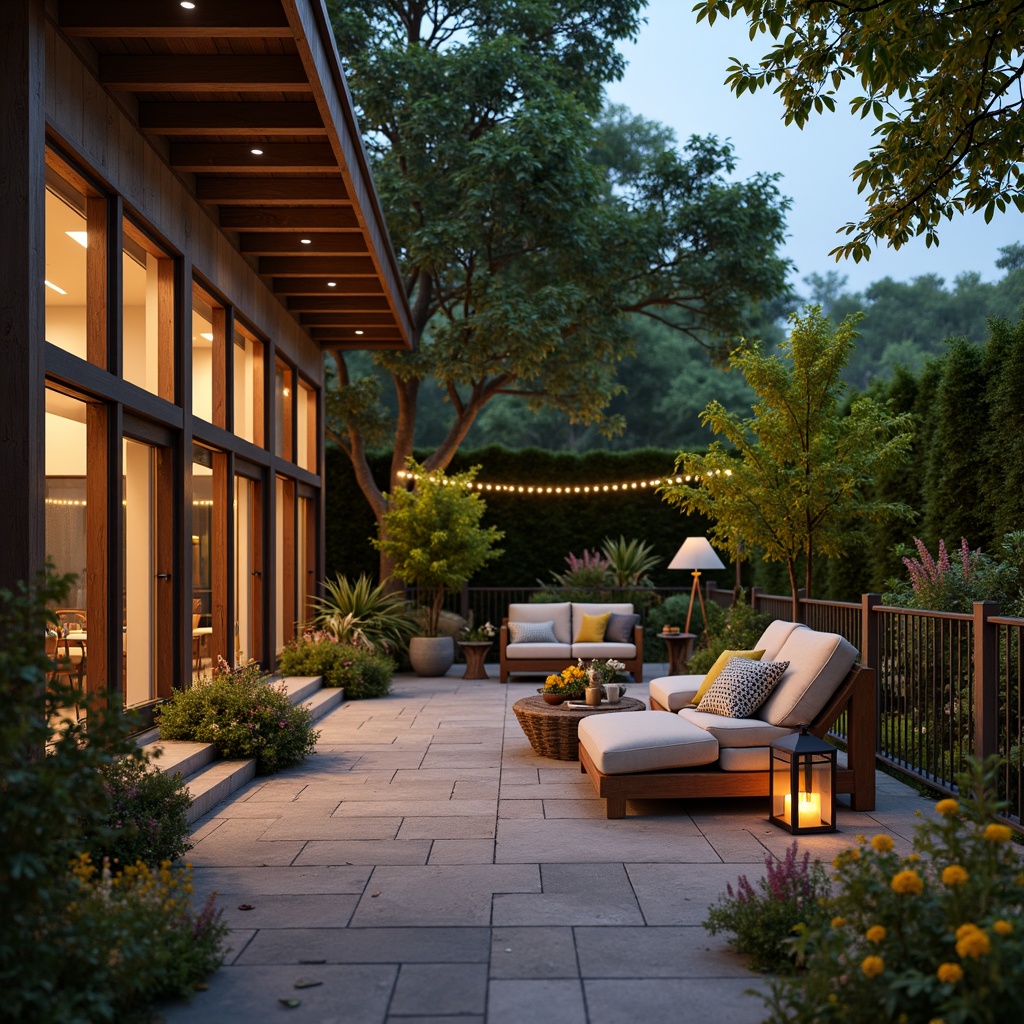 Prompt: Cozy patio, natural stone flooring, lush greenery, vibrant flowers, comfortable outdoor furniture, plush cushions, warm string lights, lanterns, rustic wooden accents, modern metal frames, glass railings, soft warm lighting, shallow depth of field, 3/4 composition, panoramic view, realistic textures, ambient occlusion.