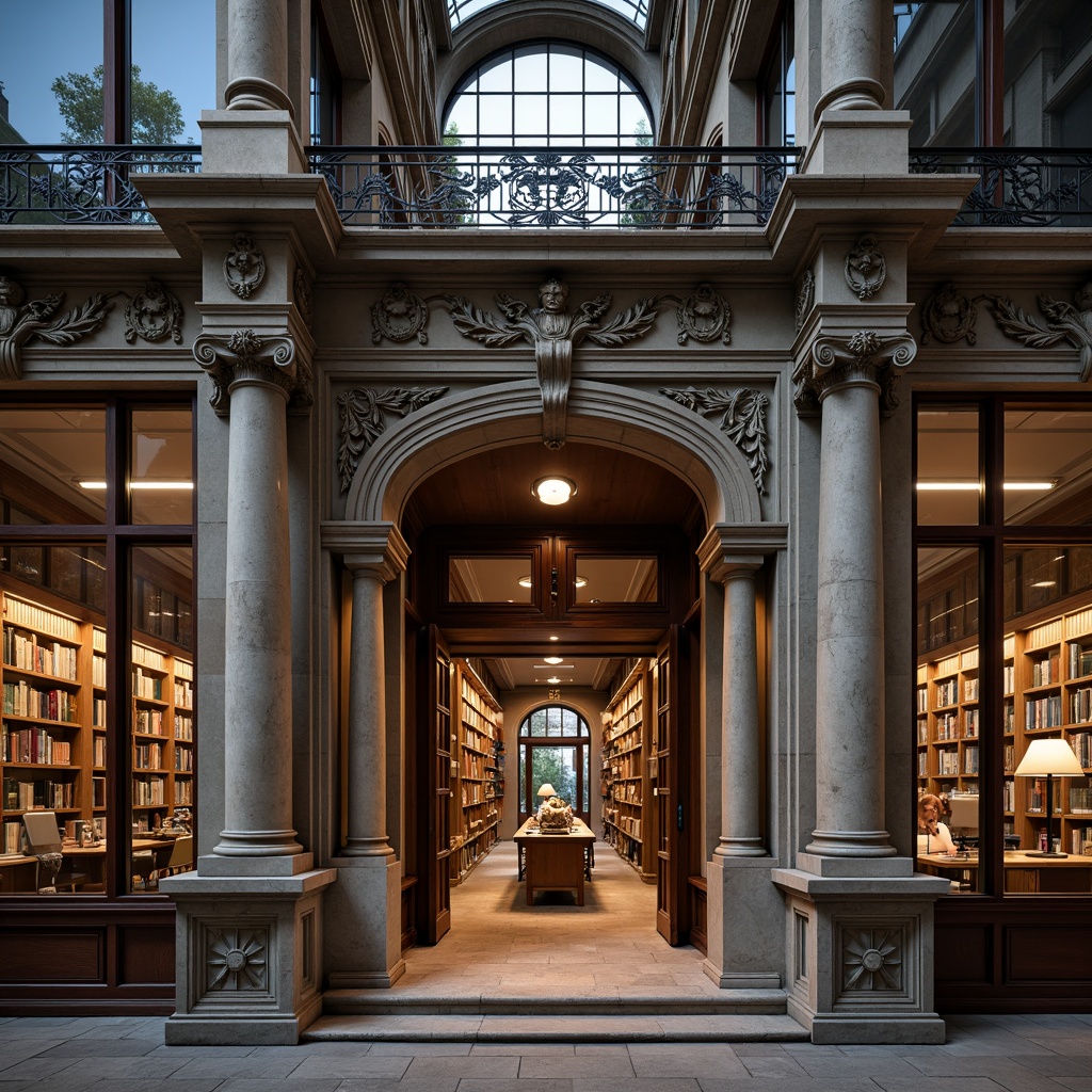 Prompt: Ornate library facade, grand entrance, imposing columns, intricate stone carvings, symmetrical composition, rusticated base, ornamental metalwork, decorative cornices, oversized windows, elegant reading rooms, minimalist shelving systems, warm wooden accents, subtle natural lighting, atmospheric shadows, shallow depth of field, 2/3 composition, realistic textures, ambient occlusion.