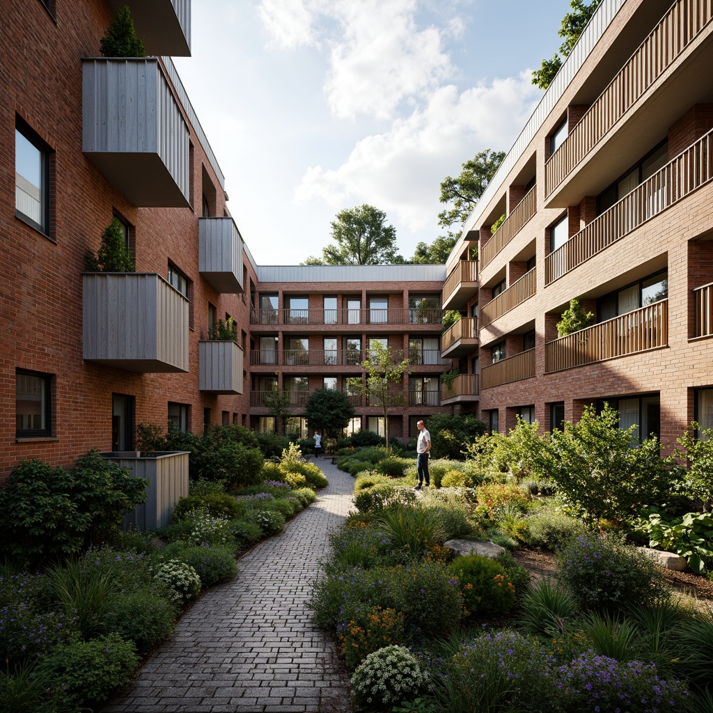 Prompt: Social housing exterior, earthy tone brick fa\u00e7ade, weathered wooden accents, corrugated metal roofs, vibrant green walls, community gardens, urban landscape, morning sunlight, soft warm lighting, shallow depth of field, 3/4 composition, realistic textures, ambient occlusion, durable materials, low-maintenance surfaces, sustainable building practices, eco-friendly insulation, energy-efficient systems, natural ventilation strategies, minimal waste generation, recyclable resources, resident-focused design.