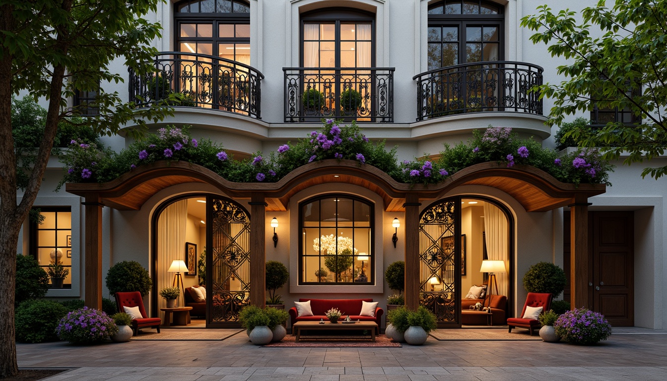 Prompt: Elegant residential facade, ornate Art Nouveau details, flowing organic lines, sinuous curves, vibrant florals, stained glass windows, intricate ironwork, ornamental balconies, luxurious materials, rich wood tones, velvet furnishings, soft warm lighting, cozy intimate spaces, 1/1 composition, shallow depth of field, realistic textures, ambient occlusion.