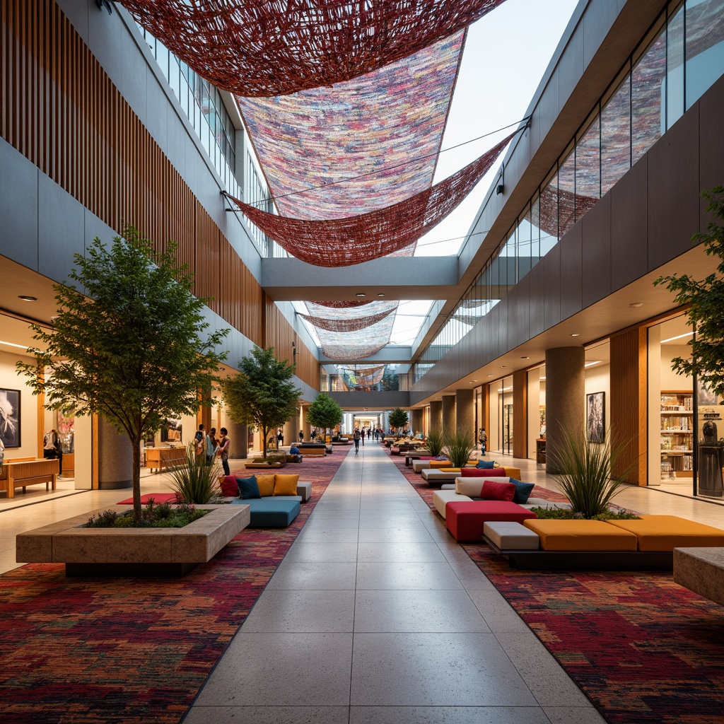 Prompt: Vibrant shopping mall, intricate textile patterns, woven fabric ceilings, soft cushioned seating areas, colorful carpeted floors, natural fiber planters, wooden accent walls, modern minimalist architecture, sleek metal railings, glass elevators, ambient warm lighting, shallow depth of field, 3/4 composition, panoramic view, realistic textures, dynamic reflections.