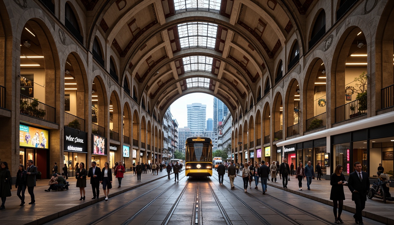 Prompt: Grand tram station, vaulted arches, ornate Romanesque details, rustic stone walls, intricate carvings, stained glass ceilings, majestic pillars, high-contrast lighting, warm earthy tones, distressed textures, realistic ambient occlusion, shallow depth of field, 1/1 composition, dramatic shadows, urban cityscape, busy pedestrian traffic, modern transportation hub, sleek tram designs, futuristic LED displays.