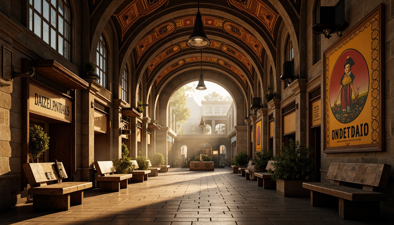 Prompt: Vaulted arches, rustic stone walls, grandiose tram stations, ornate metalwork, intricate mosaic patterns, warm golden lighting, vintage advertisements, distressed wooden benches, industrial-era charm, atmospheric steam effects, shallow depth of field, 1/2 composition, cinematic angle shots, realistic textures, ambient occlusion.