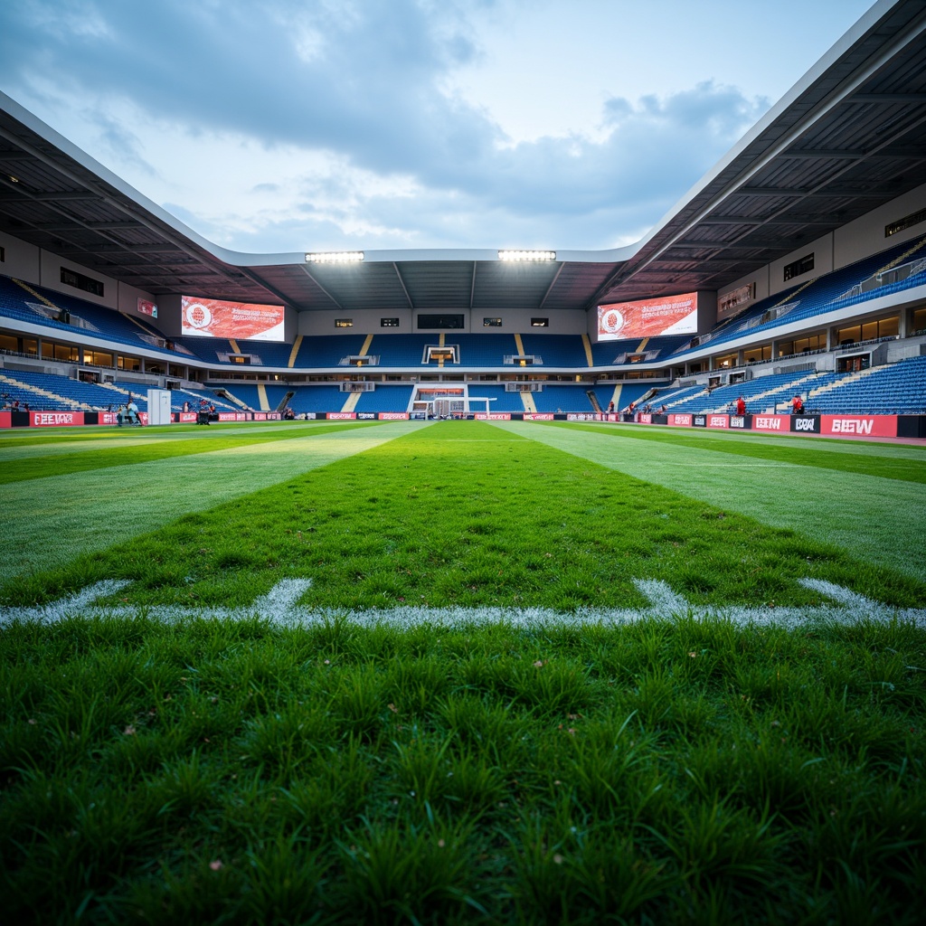 Prompt: Sports stadium, lush green grass, athletic tracks, modern floodlights, scoreboards, bleachers, spectator seating, sports equipment storage, referees' rooms, locker rooms, showers, towels, athletic uniforms, team logos, bold color schemes, dynamic architectural lines, open-air environment, natural ventilation, ample parking spaces, accessible entrances, clear signage, soft evening lighting, shallow depth of field, 1/1 composition, panoramic view, realistic textures, ambient occlusion.