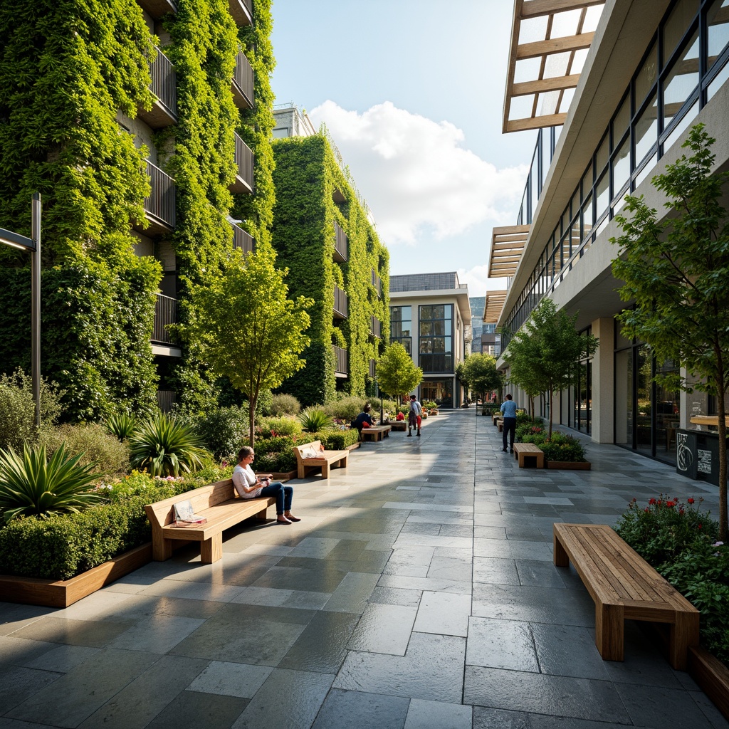 Prompt: Vibrant shopping center courtyard, lush green walls, tropical plants, water features, natural stone flooring, wooden benches, modern architecture, large glass roofs, ample natural light, soft warm ambiance, shallow depth of field, 3/4 composition, panoramic view, realistic textures, ambient occlusion, integrated landscape design, ecological balance, harmonious coexistence, recreational spaces, interactive art installations, dynamic fountains, misting systems, pedestrian-friendly walkways, urban forestry, biodiversity conservation.