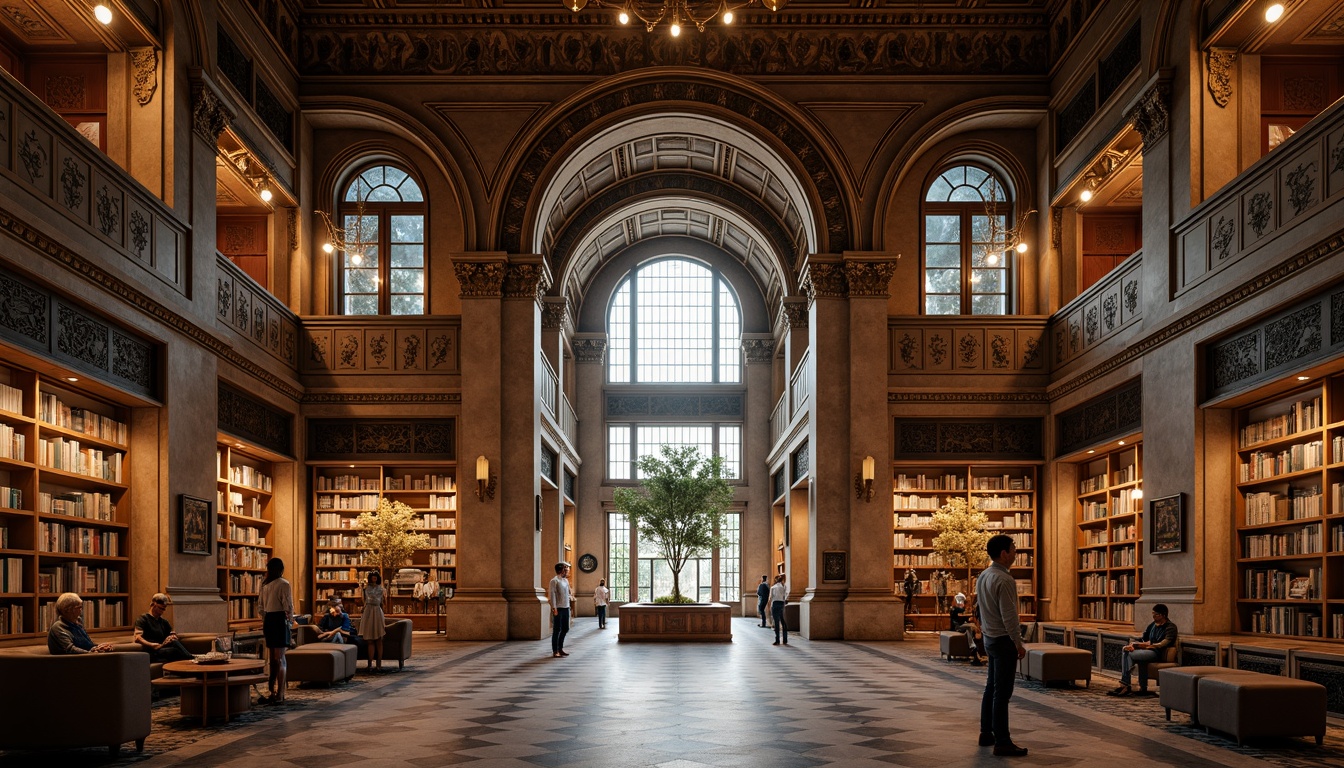 Prompt: Ornate library facade, grand entrance, symmetrical composition, imposing columns, intricately carved details, rusticated stone walls, ornamental metalwork, sweeping arches, vaulted ceilings, grand reading rooms, warm wooden tones, comfortable seating areas, natural light pouring in, soft warm lighting, shallow depth of field, 1/1 composition, realistic textures, ambient occlusion.