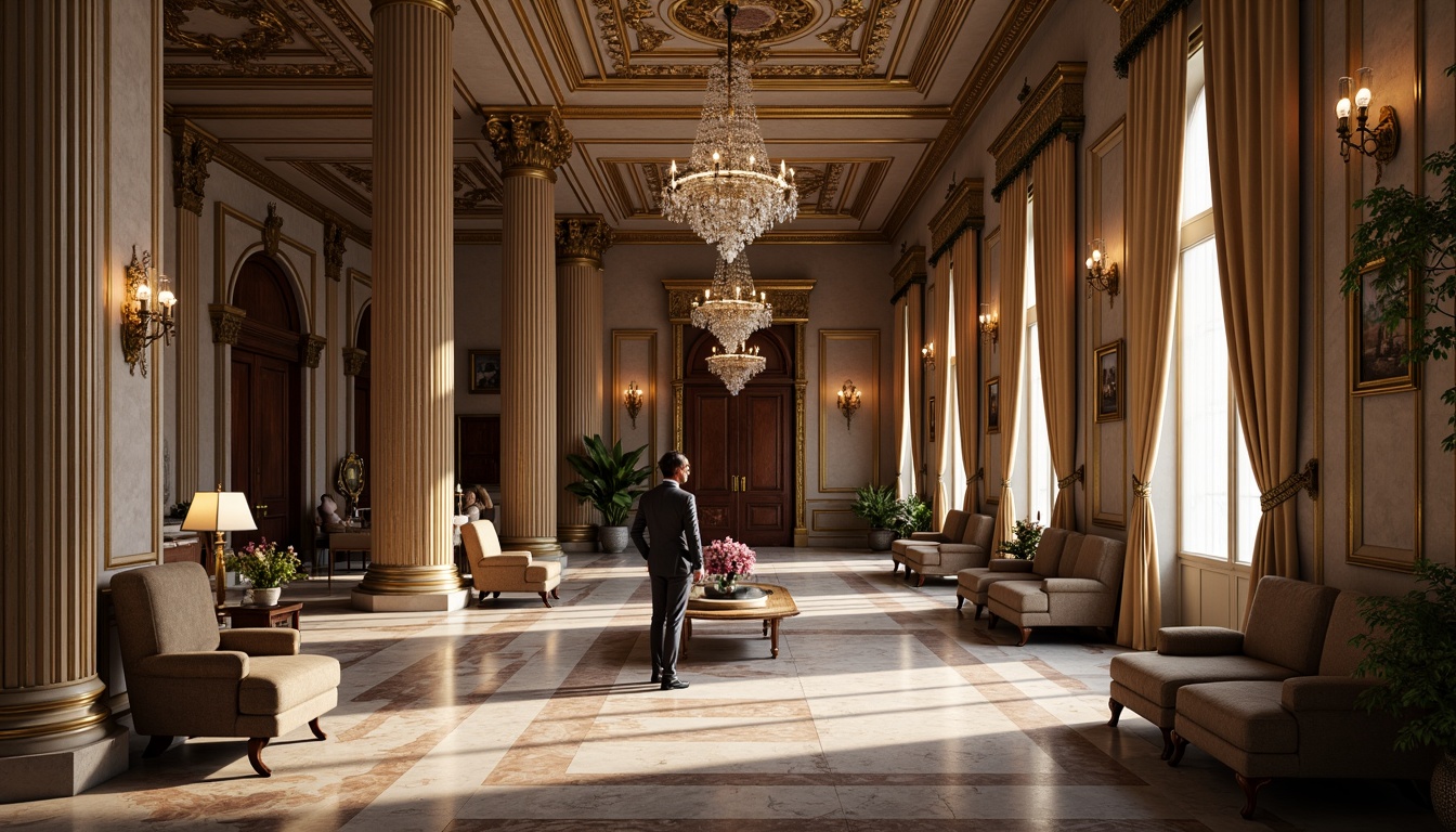 Prompt: Grandiose columns, ornate carvings, polished marble floors, intricate moldings, rusticated stone walls, gilded decorations, crystal chandeliers, velvet drapes, luxurious furnishings, rich wood paneling, ornamental metalwork, subtle lighting accents, soft warm glow, 1/1 composition, symmetrical framing, realistic textures, ambient occlusion.