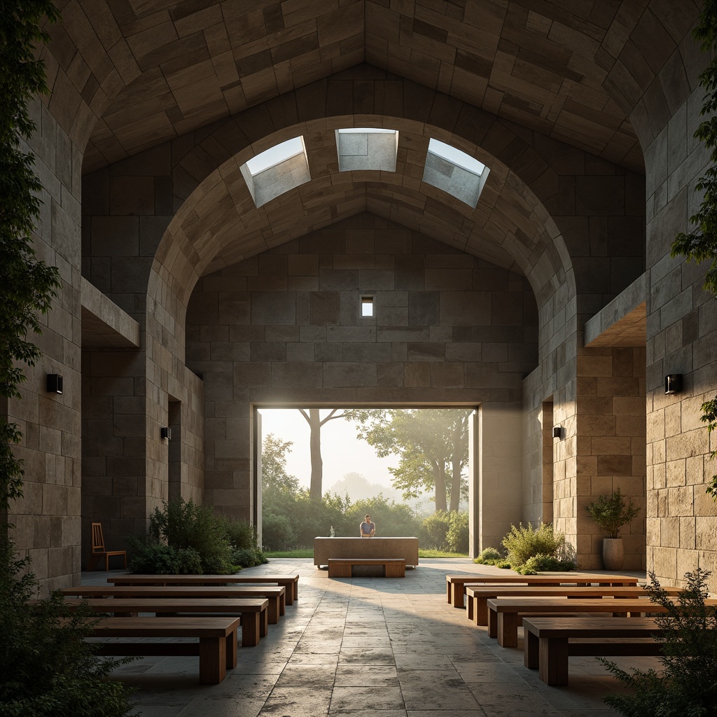 Prompt: Minimalist monastery, brutalist architecture, rough-hewn stone walls, vaulted ceilings, clerestory windows, natural light pouring in, soft warm glow, subtle shadows, rustic wooden benches, simple altar, sparse decor, peaceful ambiance, serene atmosphere, misty morning, gentle fog, lush greenery outside, overgrown vines, weathered stone fa\u00e7ade, modernist design elements, clean lines, minimal ornamentation, functional simplicity, contemplative spaces, atmospheric lighting, high contrast, dramatic shading, 1/1 composition, symmetrical framing.