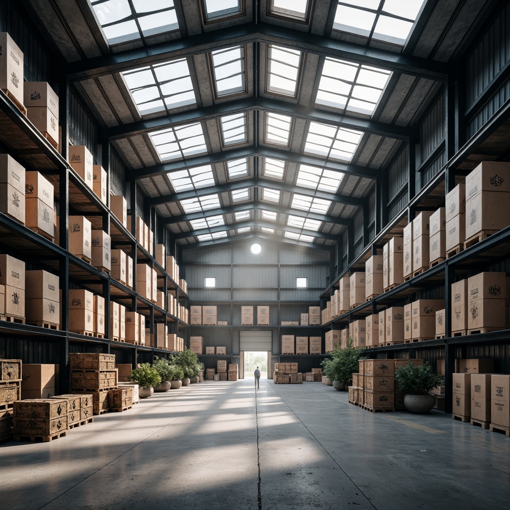 Prompt: Warehouse interior, high ceilings, clerestory windows, skylights, natural light pouring in, industrial shelving units, stacked crates, metal beams, concrete floors, minimal artificial lighting, reflective surfaces, matte finishes, subtle color palette, open spaces, airy atmosphere, soft shadows, 1/1 composition, realistic textures, ambient occlusion.