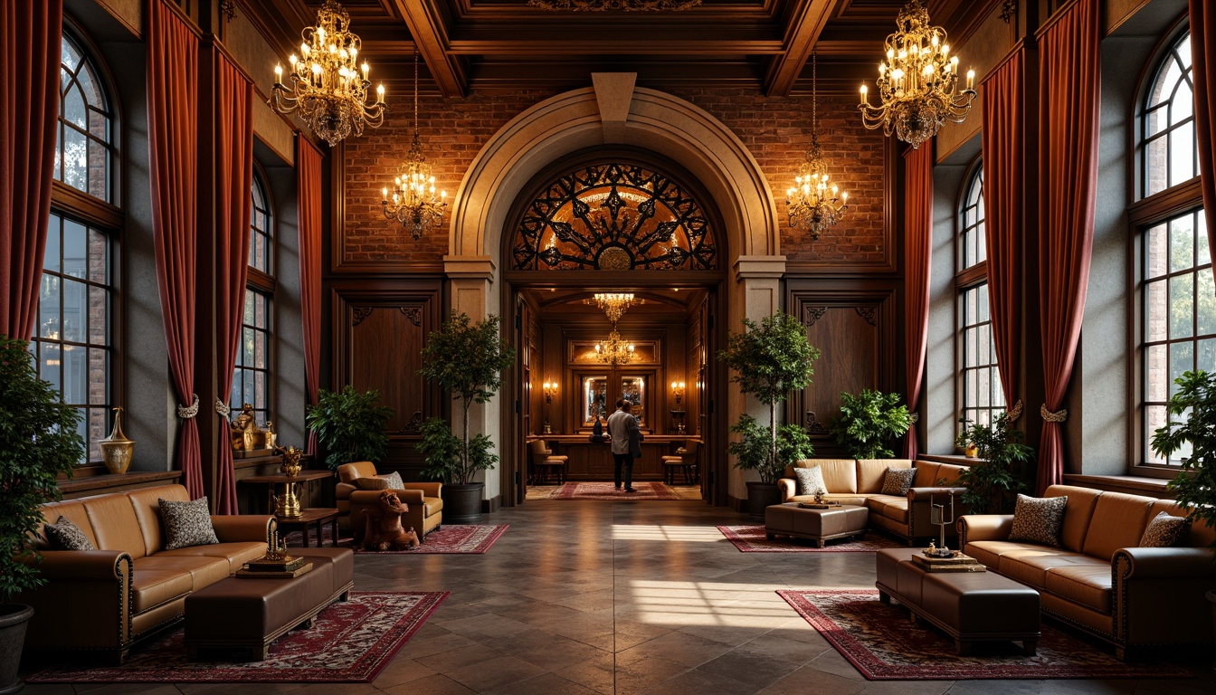 Prompt: Grand pub entrance, ornate wooden doors, intricately carved stone fa\u00e7ade, rustic brick walls, tall stained glass windows, elegant chandeliers, rich velvet drapes, luxurious leather sofas, antique furniture pieces, Renaissance-inspired sculptures, warm golden lighting, shallow depth of field, 1/2 composition, symmetrical framing, realistic textures, ambient occlusion.