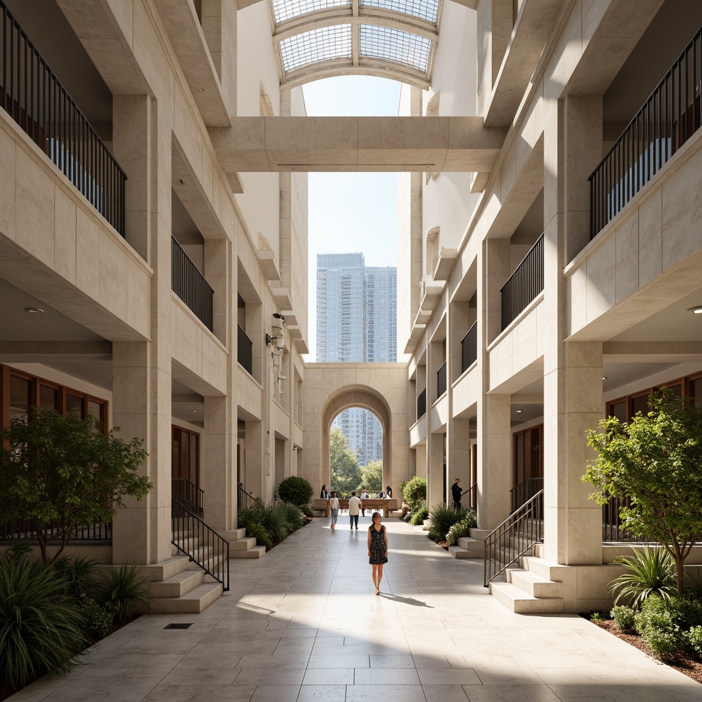 Prompt: Elegant modern building, symmetrical columns, grand entrance, polished marble floors, high ceilings, spacious atrium, natural light pouring in, minimalist decor, sleek metal railings, ornate stone carvings, intricate archways, dramatic staircase, vibrant greenery, urban cityscape, warm sunny day, shallow depth of field, 1/1 composition, realistic textures, ambient occlusion.