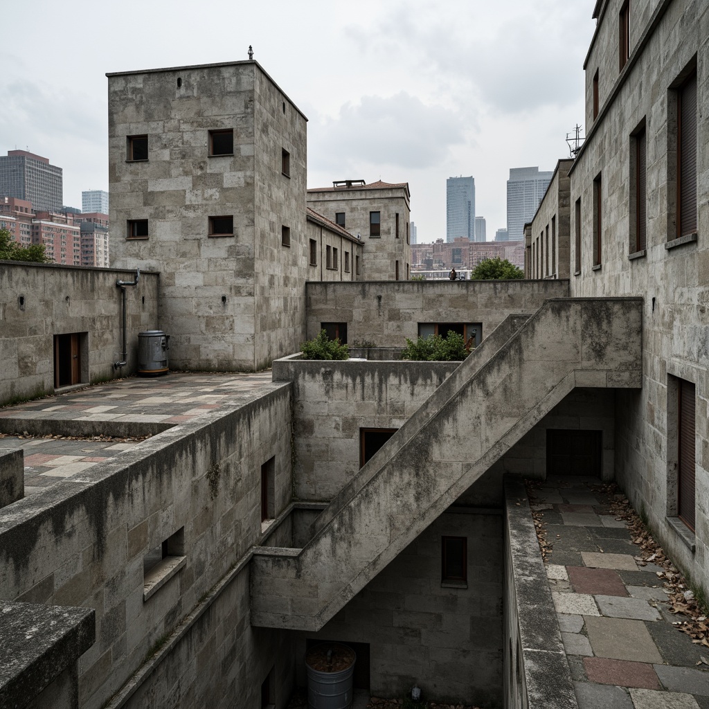 Prompt: Rough-hewn concrete walls, rugged stone facades, weathered steel beams, exposed ductwork, industrial pipework, brutalist fortress-like structures, dramatic cantilevered sections, raw unfinished surfaces, tactile roughness, monolithic forms, monumental scale, urban cityscape backdrop, overcast skies, diffused natural light, high-contrast shadows, 1/2 composition, abstract close-up views, gritty realistic textures, subtle ambient occlusion.