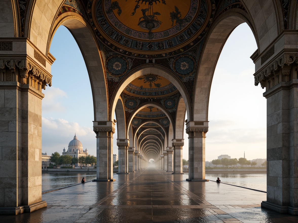 Prompt: Majestic bridge archways, ornate Byzantine details, grand stone pillars, intricately carved capitals, vibrant mosaic tiles, golden domes, majestic river views, serene waterfront, misty morning atmosphere, soft warm lighting, shallow depth of field, 1/2 composition, symmetrical view, realistic textures, ambient occlusion.