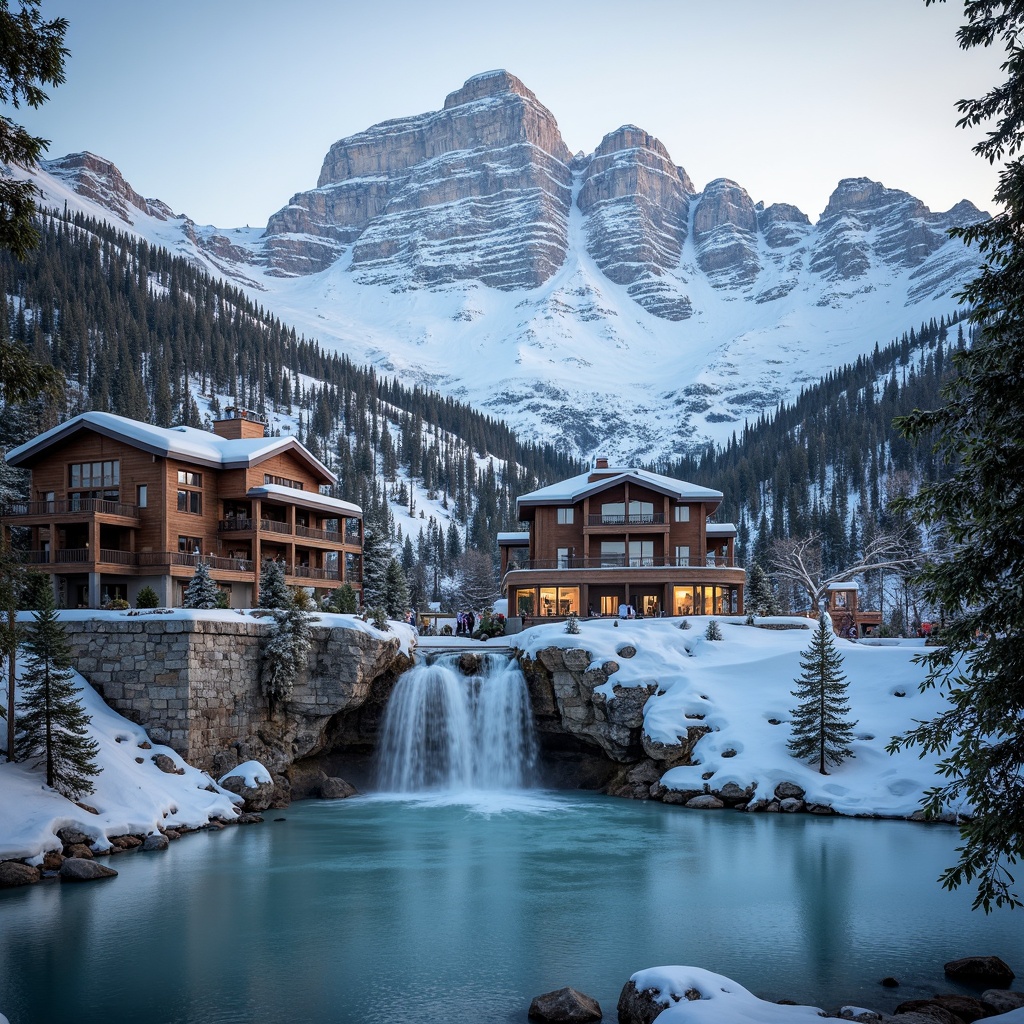 Prompt: Snow-capped mountain peaks, evergreen trees, frozen lake, ski lifts, mountain lodge architecture, wooden chalets, rustic stone walls, snowy terrain, frozen waterfalls, icy rocky cliffs, winter sports equipment, warm cozy lighting, misty morning atmosphere, shallow depth of field, 1/2 composition, realistic textures, ambient occlusion.