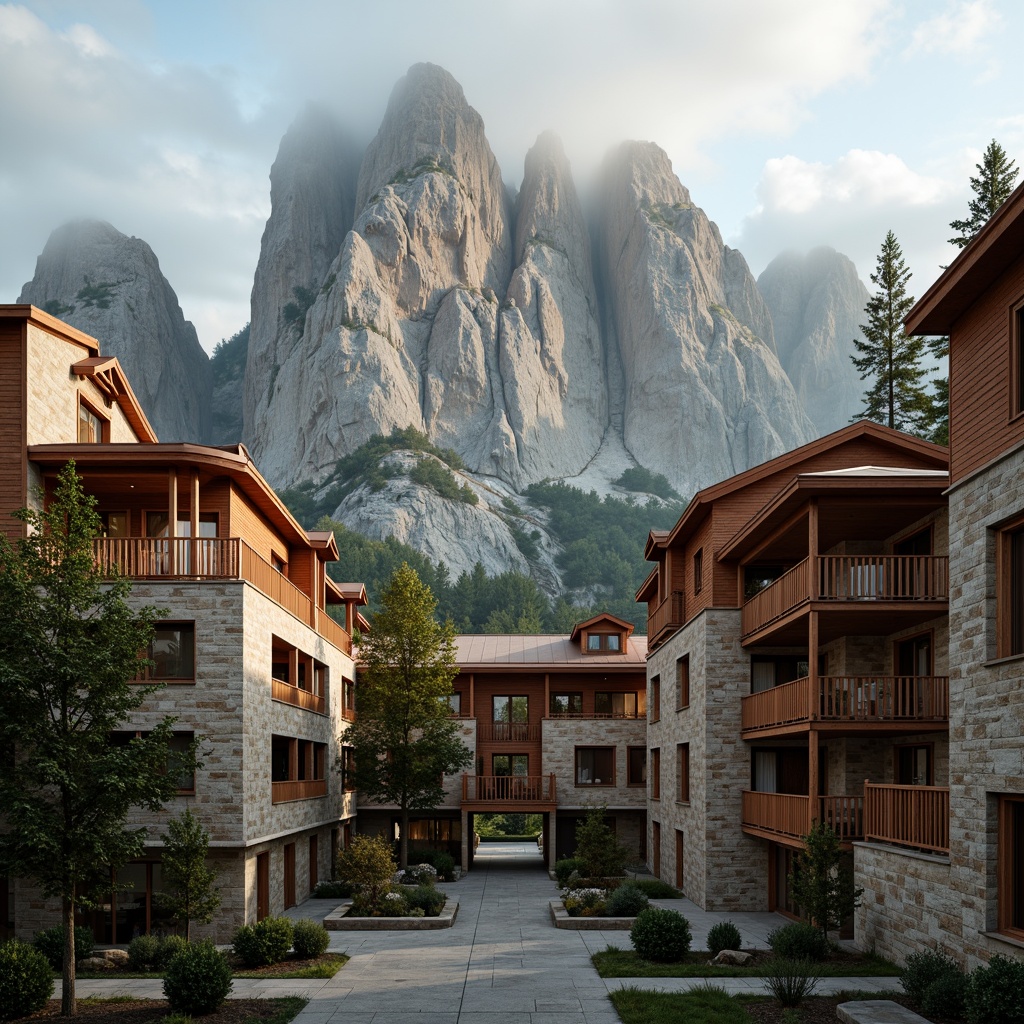 Prompt: Majestic mountain range, rugged rock formations, misty foggy atmosphere, earthy tone buildings, wooden accents, natural stone walls, steeply pitched roofs, grand entranceways, luxurious lodges, warm golden lighting, soft ambient glow, dramatic shadows, rich terracotta reds, muted sage greens, weathered wood browns, creamy whites, subtle texture overlays, atmospheric perspective, 1/2 composition, cinematic view, realistic rock textures, detailed mountain ridges.