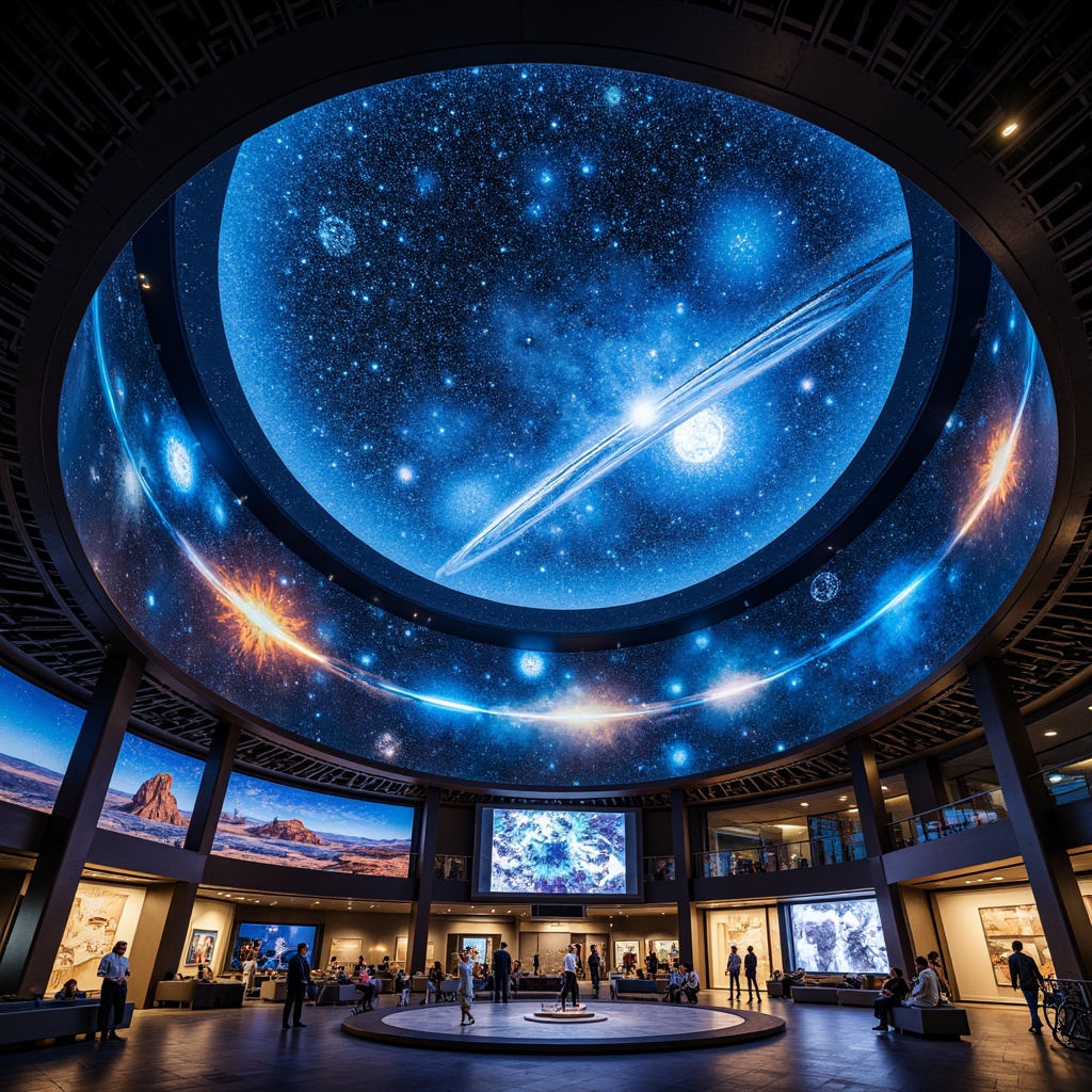 Prompt: Curved planetarium dome, futuristic facade, metallic materials, LED lighting systems, starry night sky projections, astronomical patterns, geometric shapes, iridescent colors, holographic displays, interactive exhibits, 3D visualization screens, immersive experiences, spherical architecture, panoramic views, ambient lighting, shallow depth of field, atmospheric sound effects, cosmic-inspired textures.