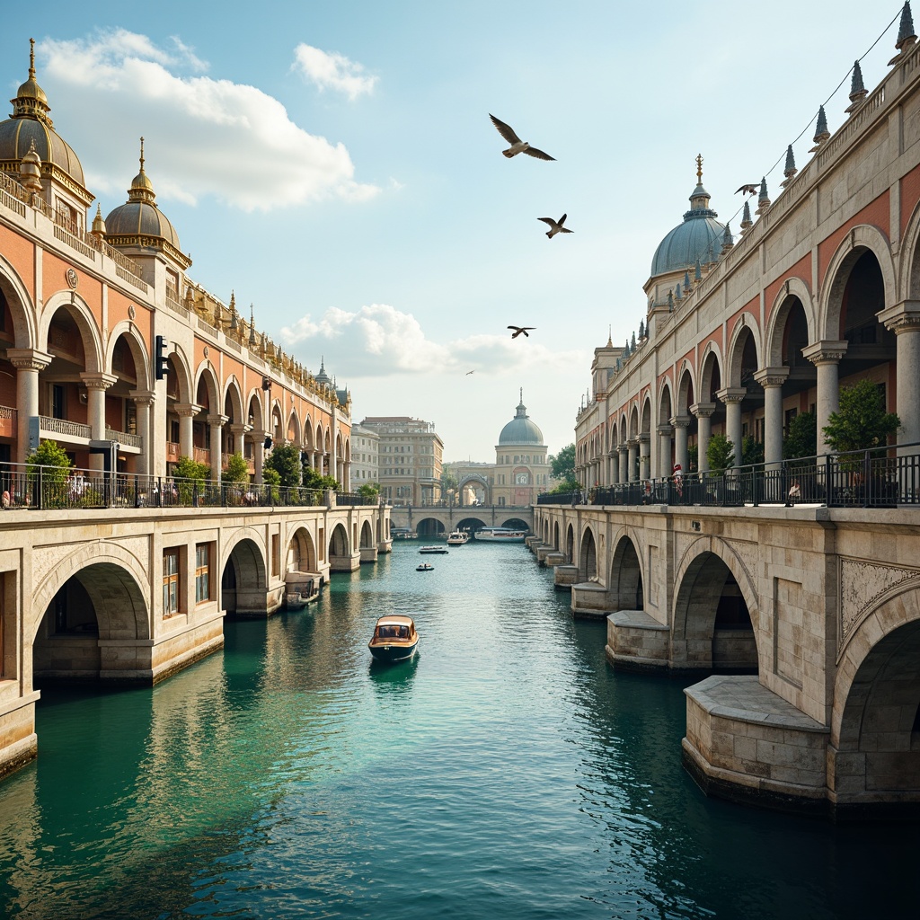 Prompt: Majestic waterfront promenade, Byzantine-inspired bridge design, ornate stone carvings, grand archways, intricate mosaics, golden domes, majestic pillars, turquoise water reflections, sailing boats, seagulls flying overhead, warm sunny day, soft natural lighting, shallow depth of field, 1/2 composition, symmetrical framing, vivid textures, ambient occlusion, misty atmosphere.