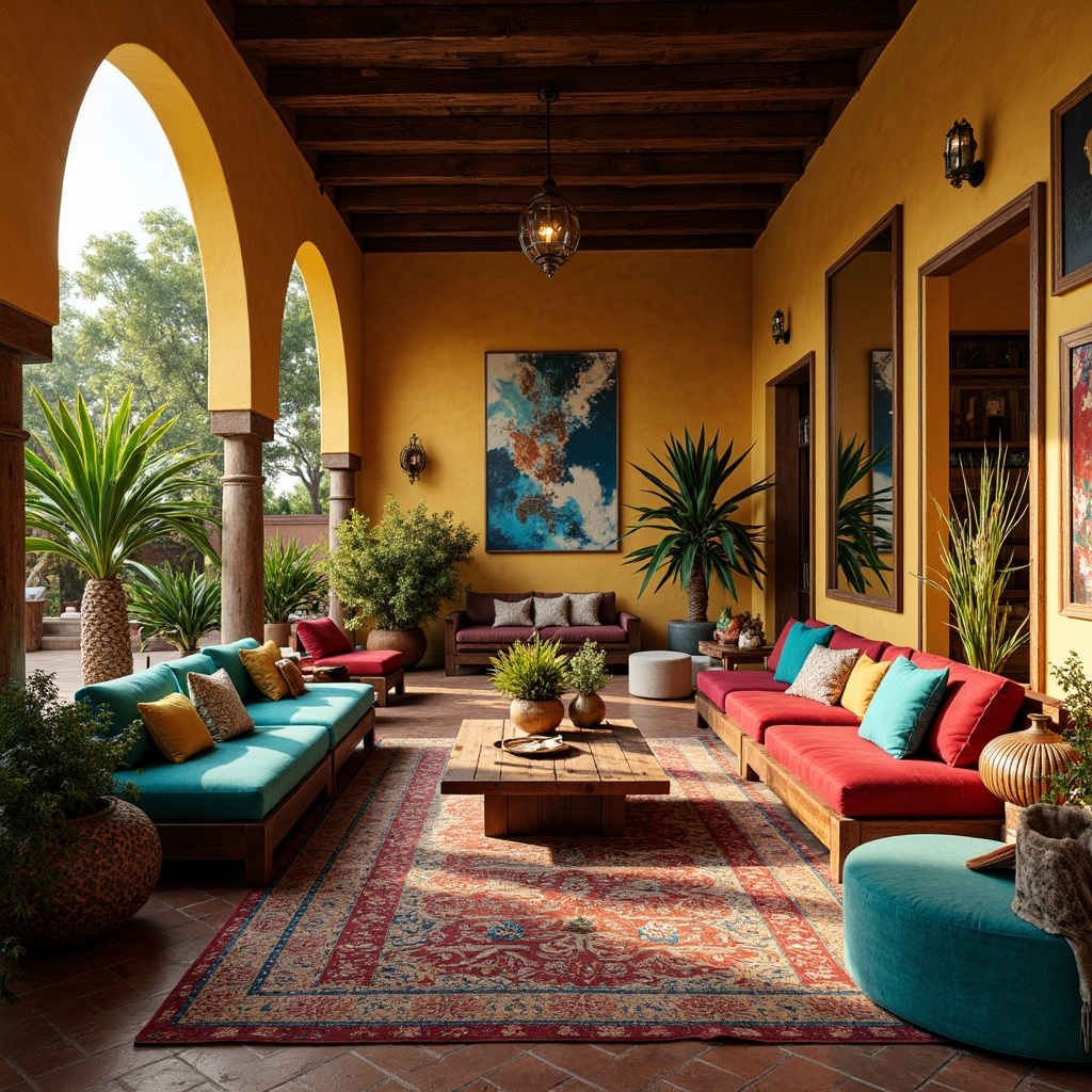 Prompt: Vibrant bohemian villa, eclectic mix of bold colors, turquoise accents, warm golden lighting, rich velvet fabrics, ornate wooden furniture, distressed metal decor, abstract art pieces, lush greenery, pampas grass, oversized rugs, Moroccan-inspired tiles, ornate mirrors, layered textures, soft focus, warm atmosphere, cinematic lighting, 1/2 composition, realistic rendering.