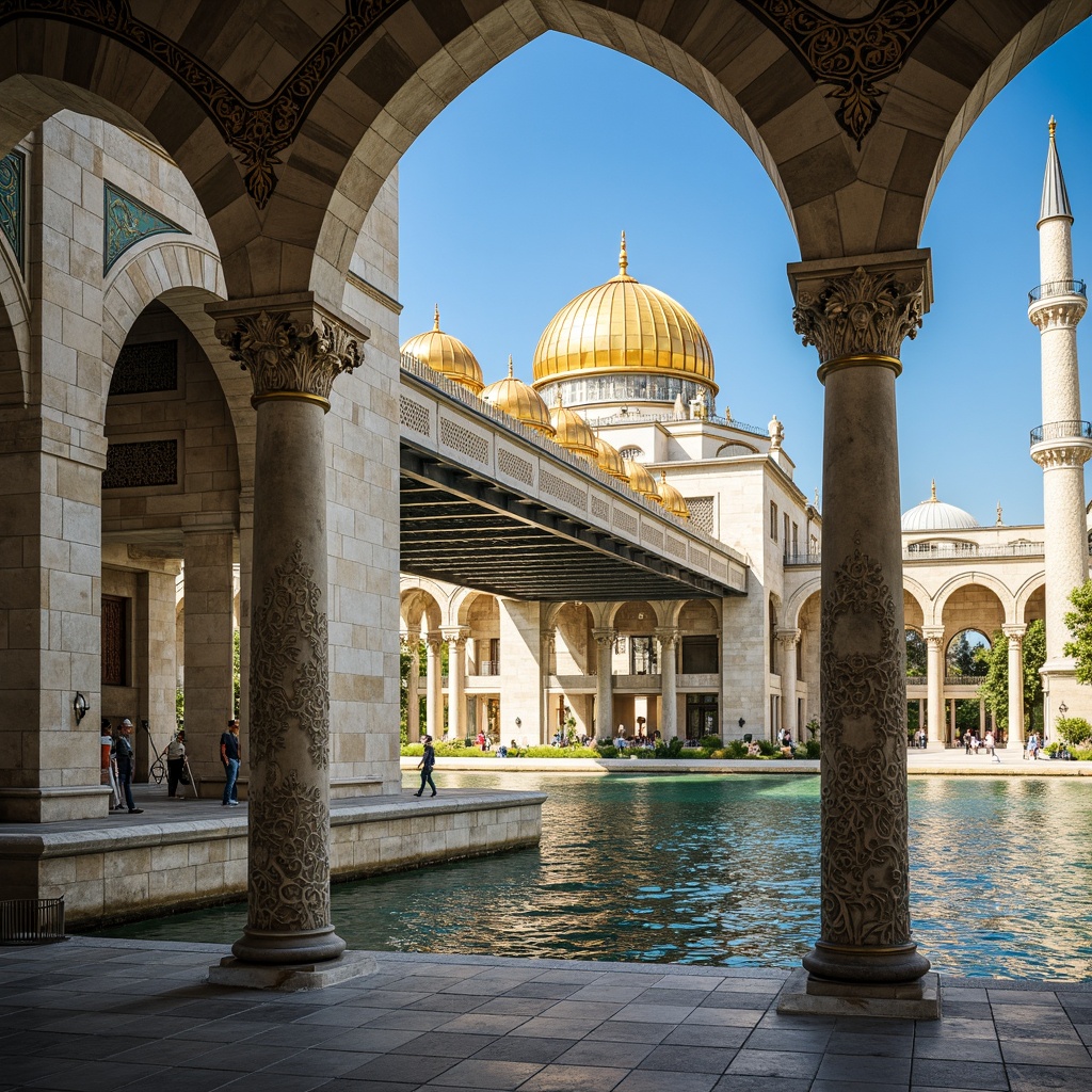 Prompt: Majestic bridge, grand archways, ornate columns, Byzantine-style architecture, intricate stone carvings, golden domes, rich mosaics, vibrant turquoise accents, majestic river views, scenic waterfront, warm sunny day, soft natural lighting, shallow depth of field, 1/1 composition, symmetrical framing, realistic textures, ambient occlusion.